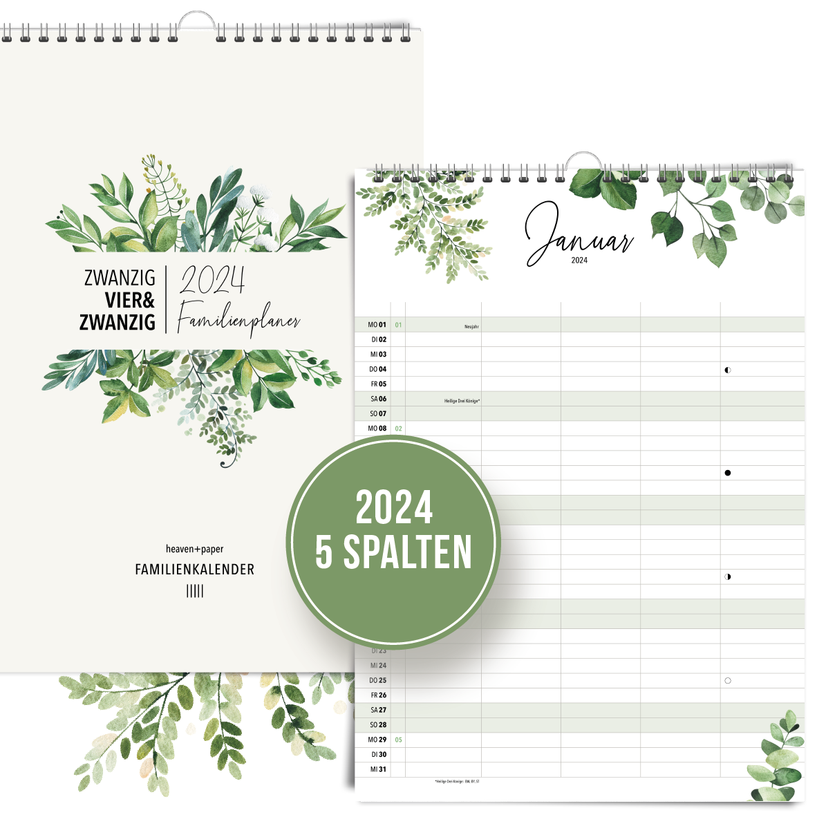 Familienplaner A3 GREEN mit 5 Spalten 2024 – Wandkalender für Familien als Jahreskalender