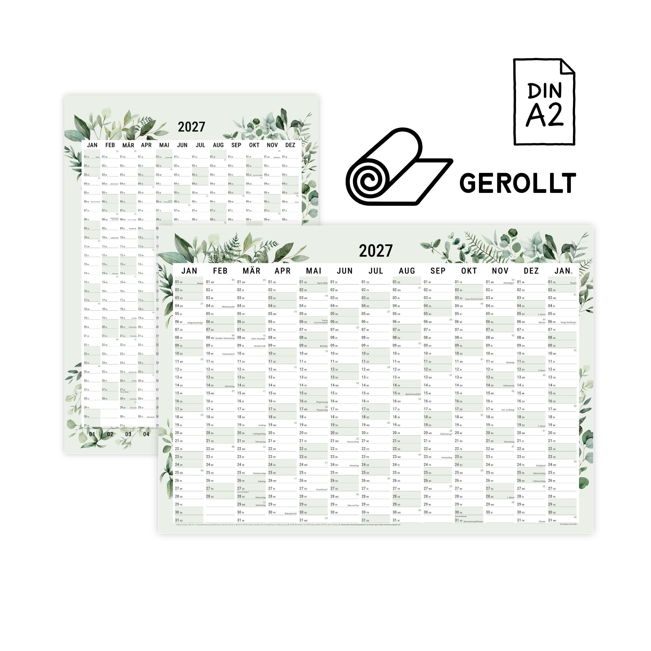 A2 Wandplaner 2027 gerollt Greenery Querformat/Hochformat