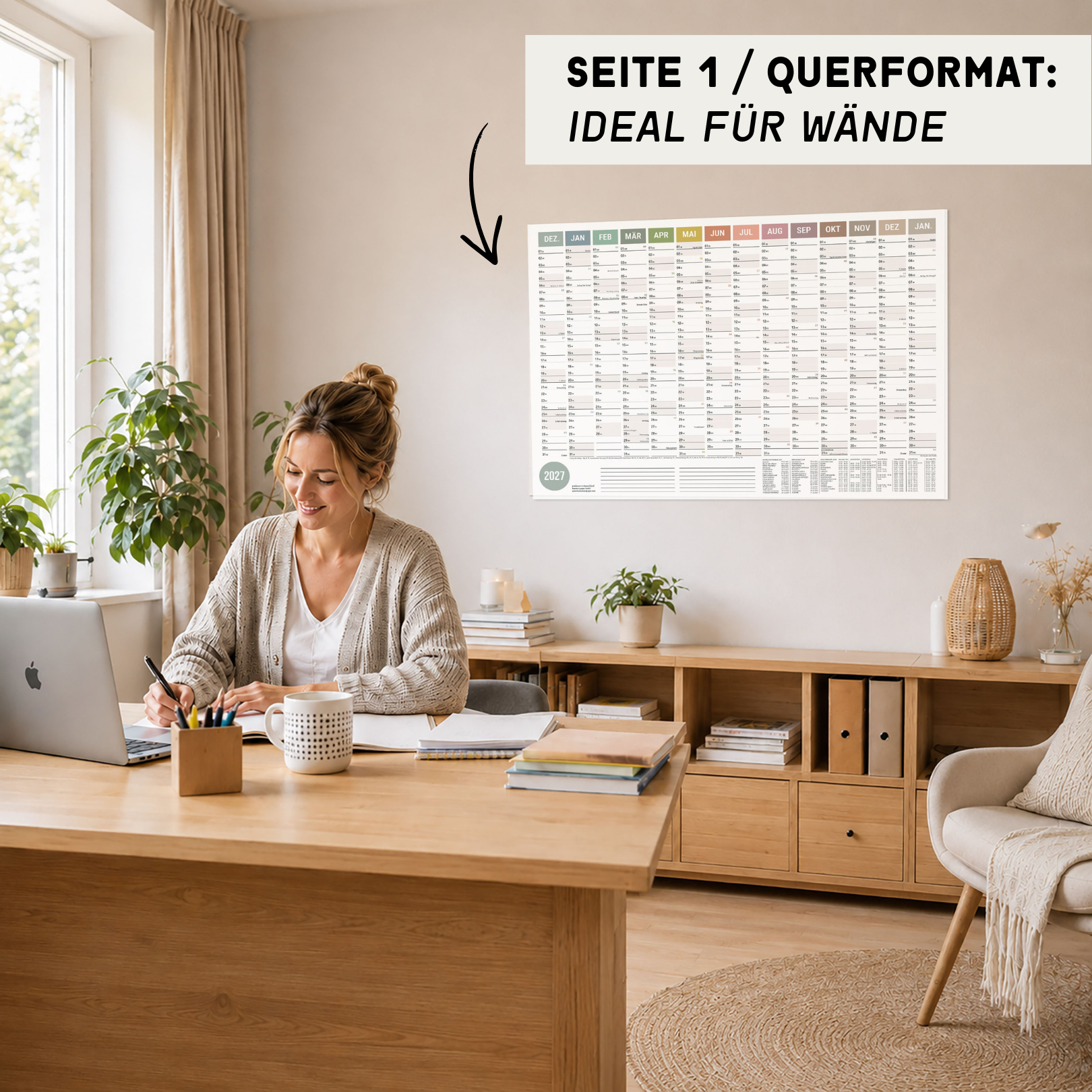 A1 Wandplaner 2027 Natural im Querformat an der Wand im Homeoffice