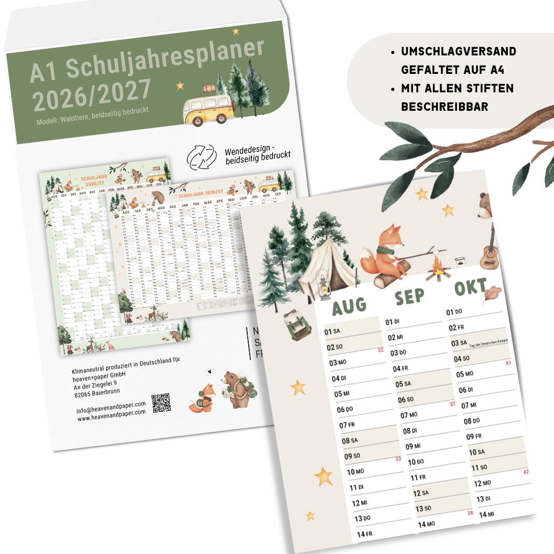 Schuljahresplaner 2026/2027 A1 Waldtiere – Familienkalender