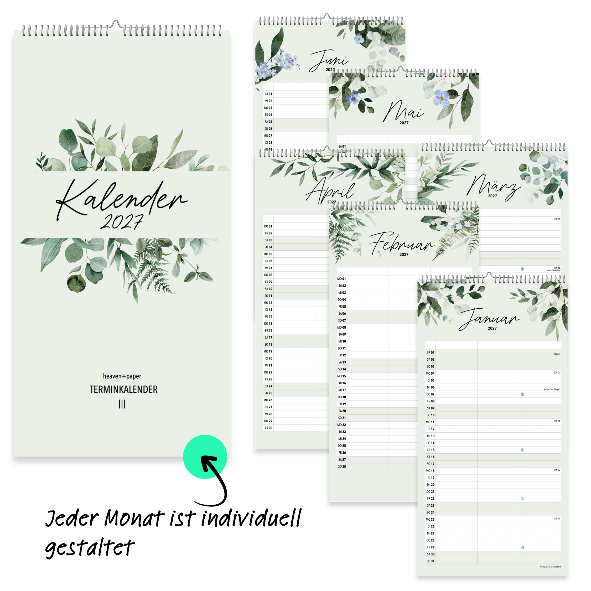 Paarplaner 3 Spalten 2027 Green, botanisch