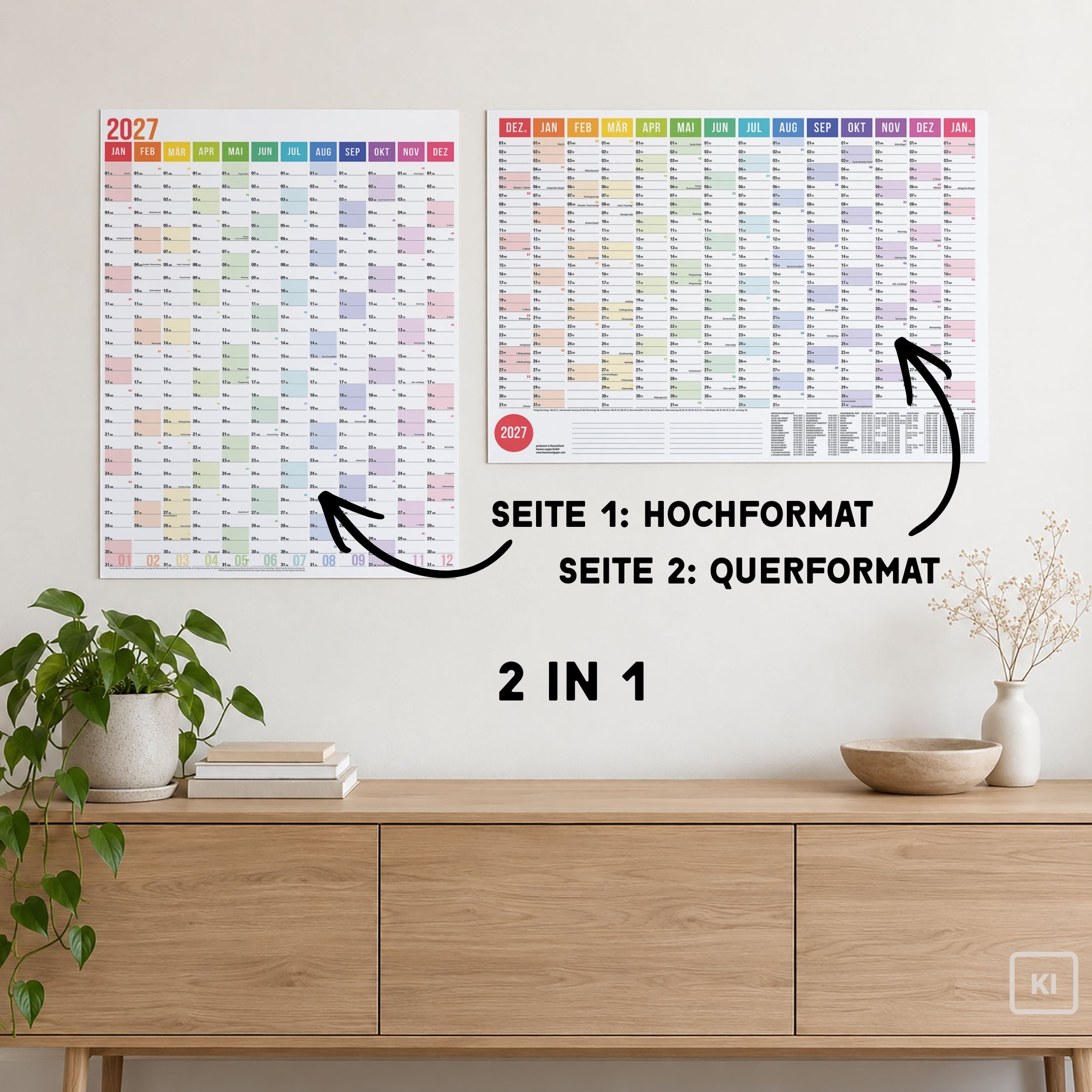 A2 Wandplaner 2027 Regenbogen gefaltet Querformat/Hochformat