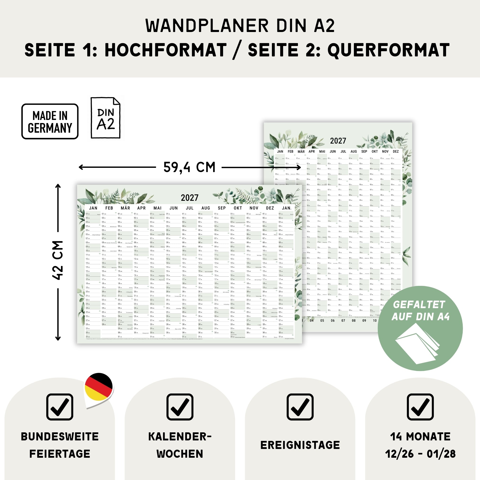 A2 Wandplaner 2027 Green gefaltet Querformat/Hochformat