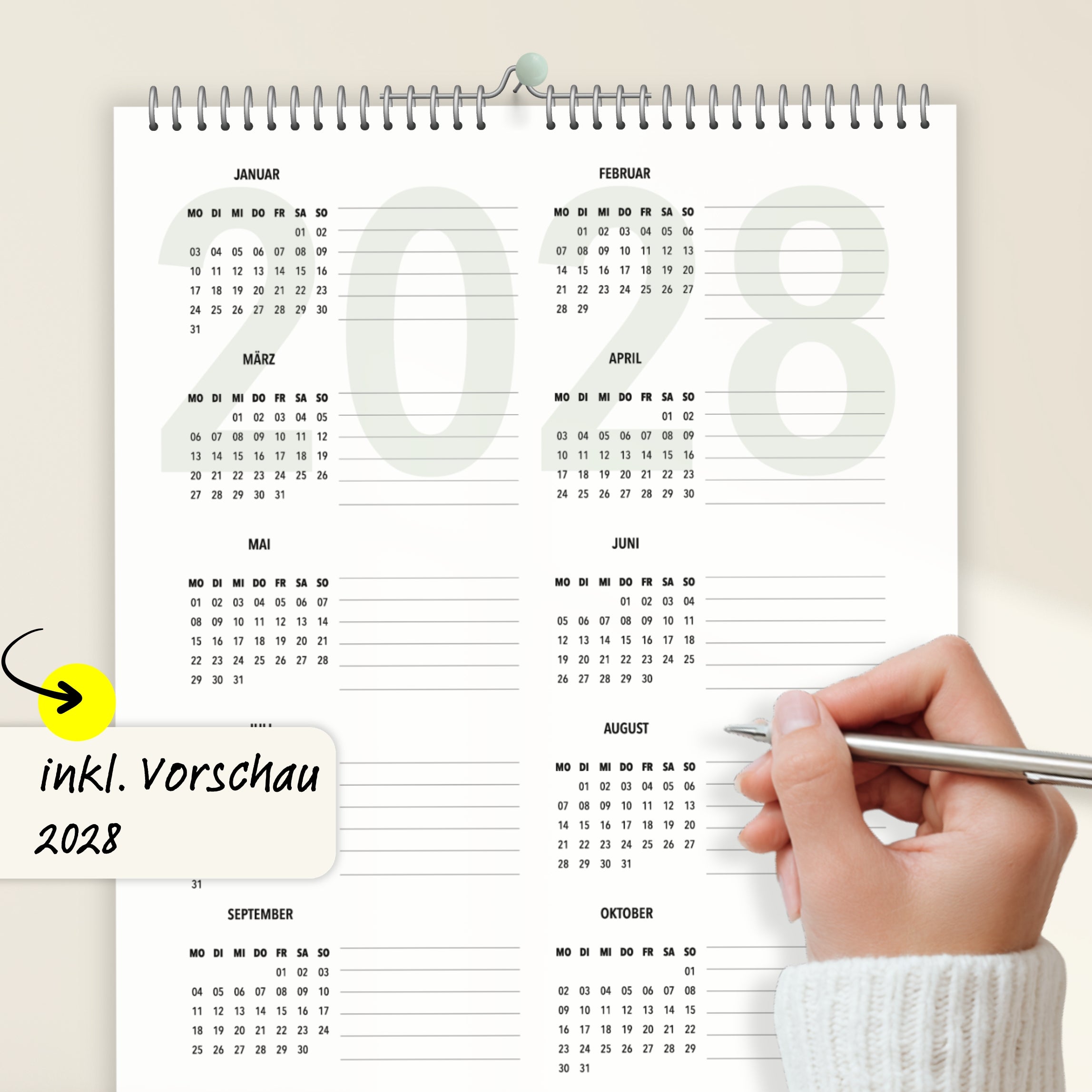 Wandkalender 2 Spalten A4 Green 2027