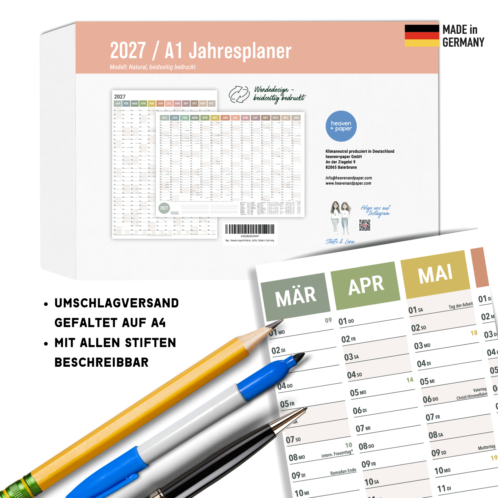 A1 Jahresplaner 2027 Natural – Verpackung mit Produktinfos