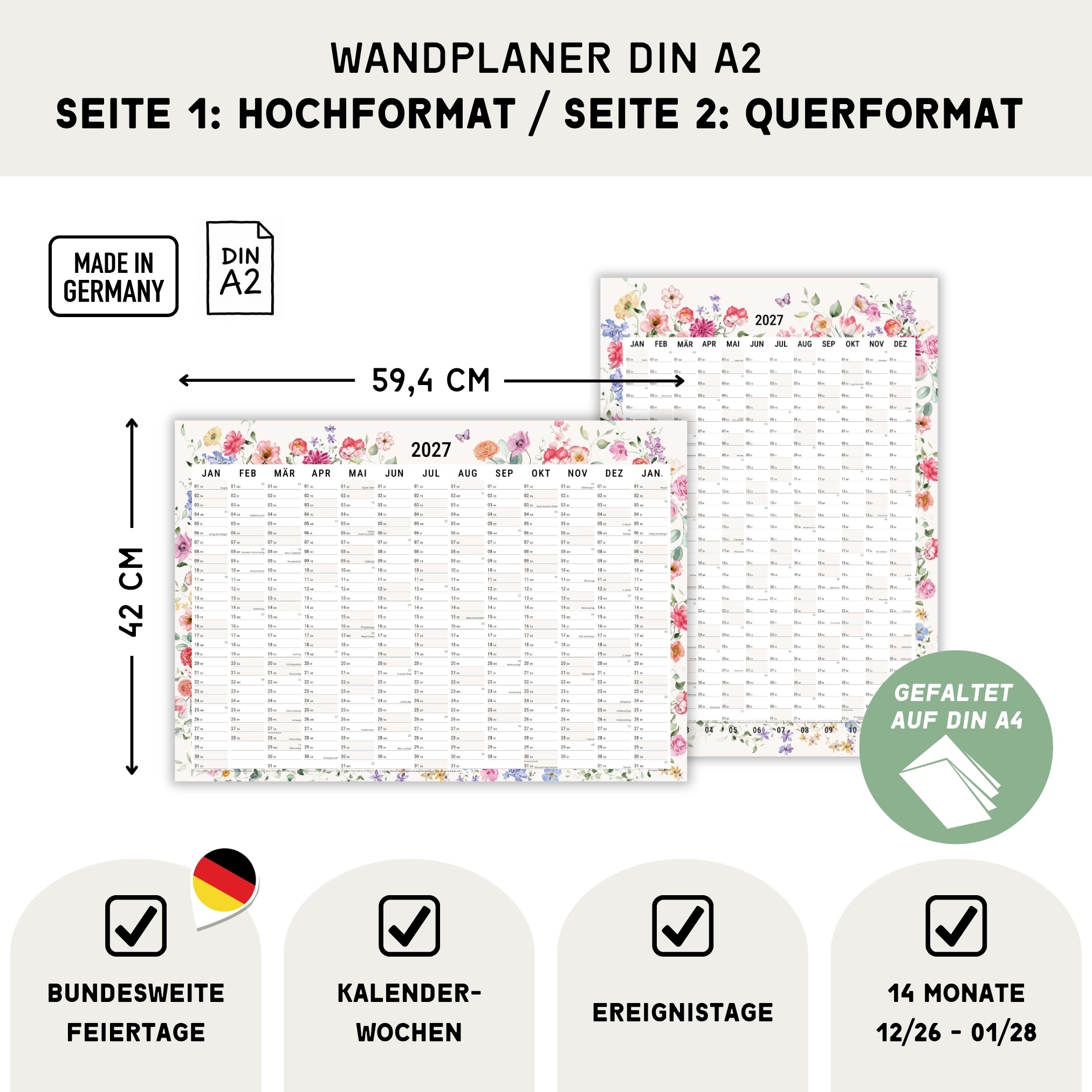A2 Wandplaner 2027 Wildblumen gefaltet Querformat/Hochformat