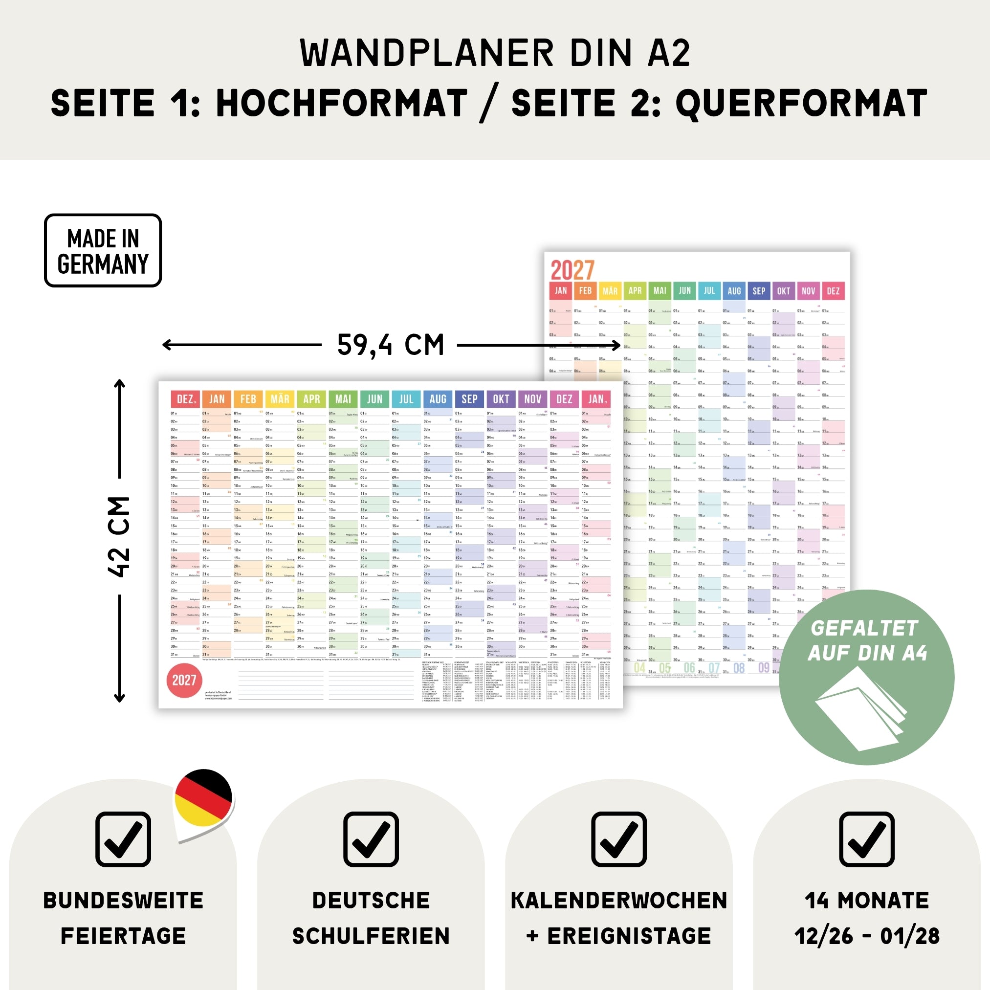 A2 Wandplaner 2027 Regenbogen gefaltet Querformat/Hochformat