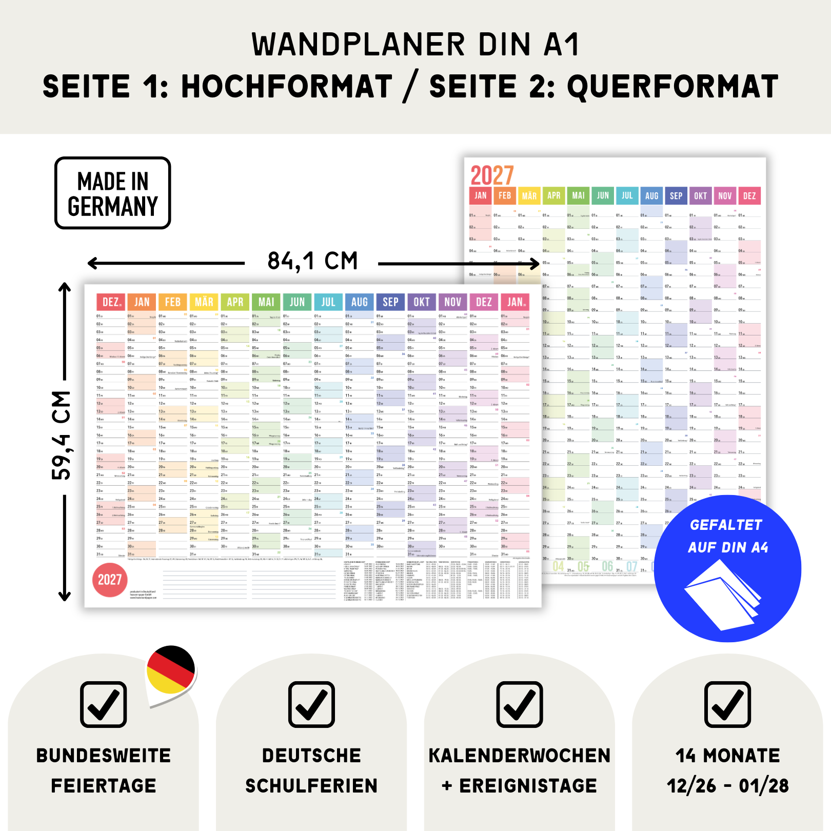 A1 Wandplaner 2027 Rainbow – Maße 84,1 x 59,4 cm und Produktmerkmale