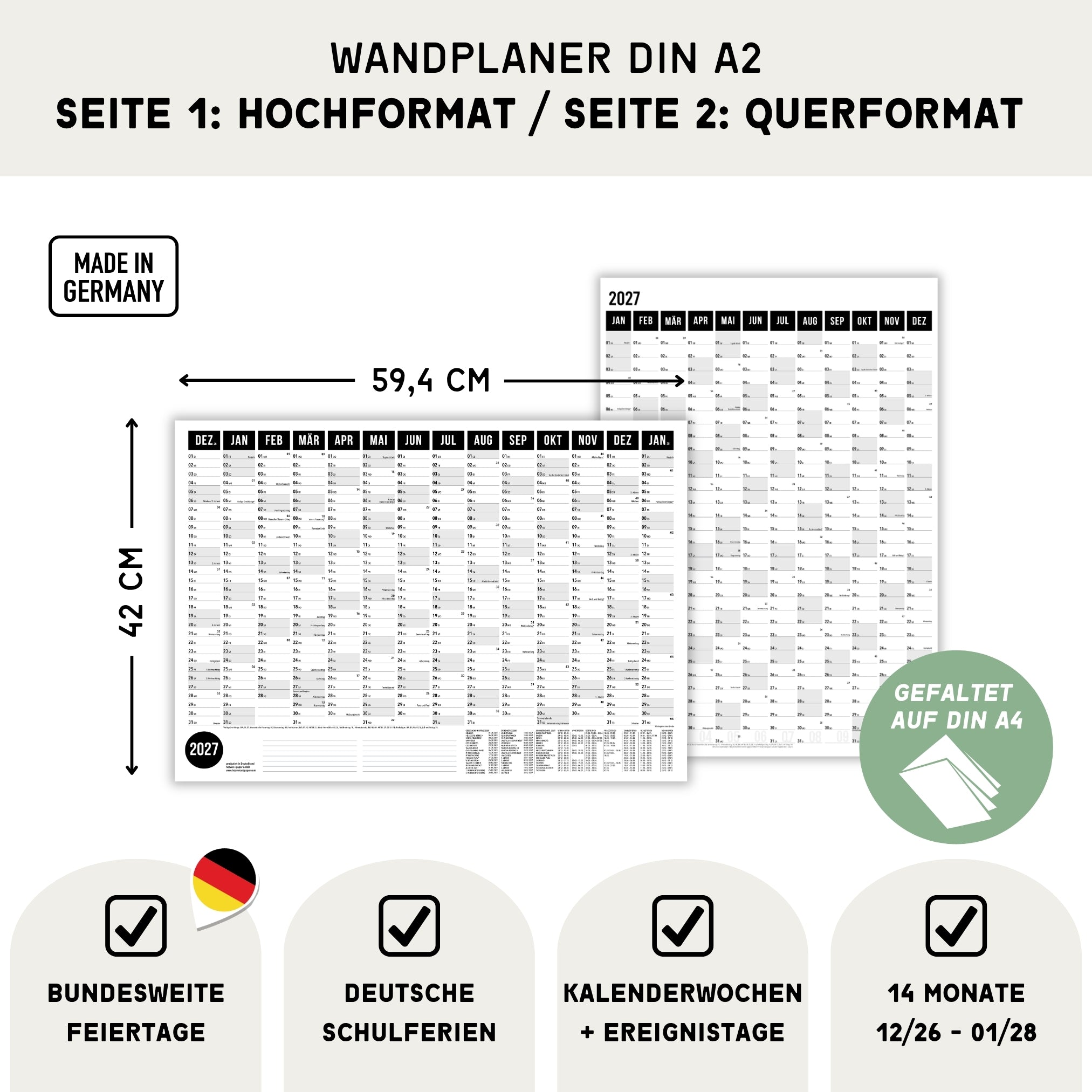 A2 Wandplaner 2027 Black gefaltet Querformat/Hochformat