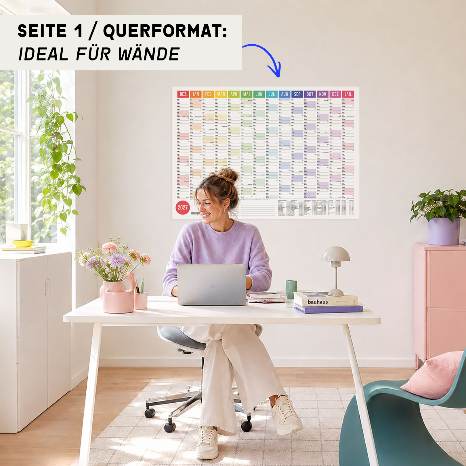 A1 Wandplaner 2027 Rainbow im Querformat an der Wand im Homeoffice