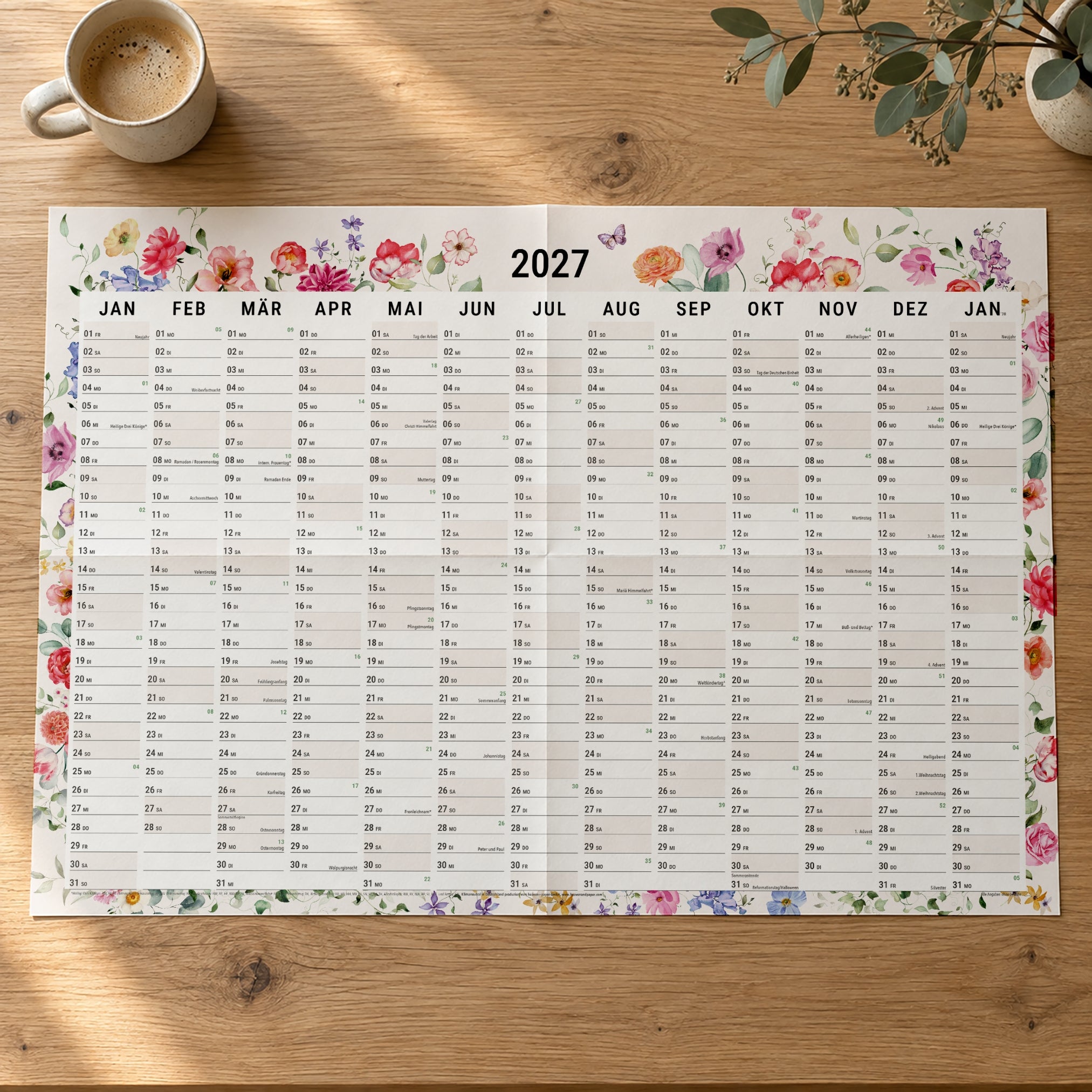 A2 Wandplaner 2027 Wildblumen gefaltet Querformat/Hochformat