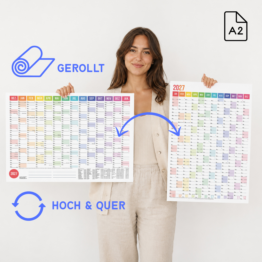 A2 Wandplaner 2027 gerollt Rainbow Querformat/Hochformat
