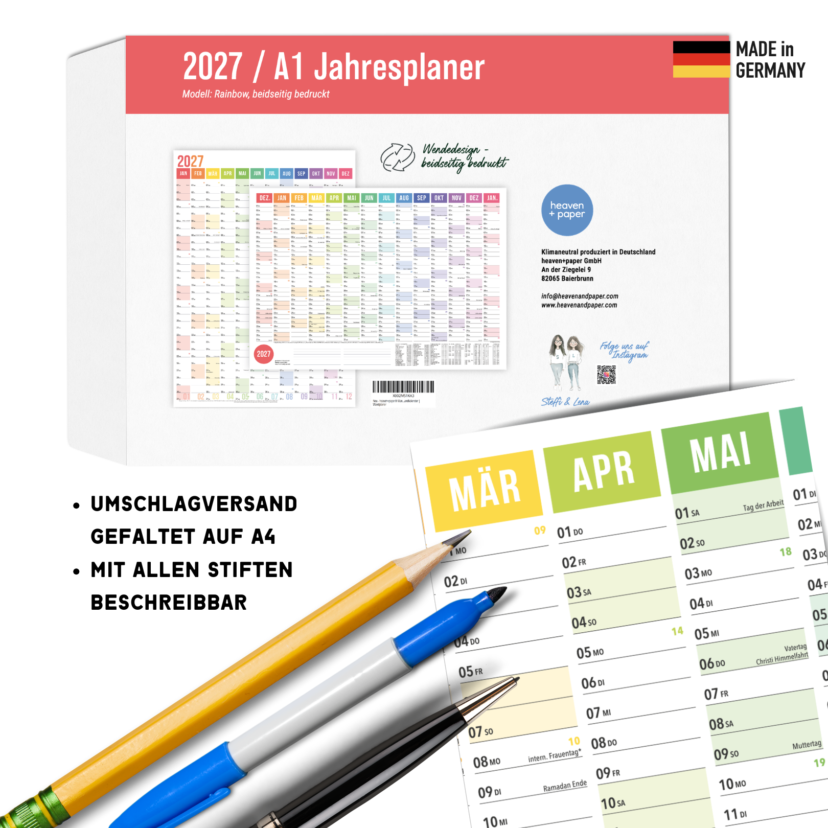 A1 Jahresplaner 2027 Rainbow – Verpackung mit Produktinfos