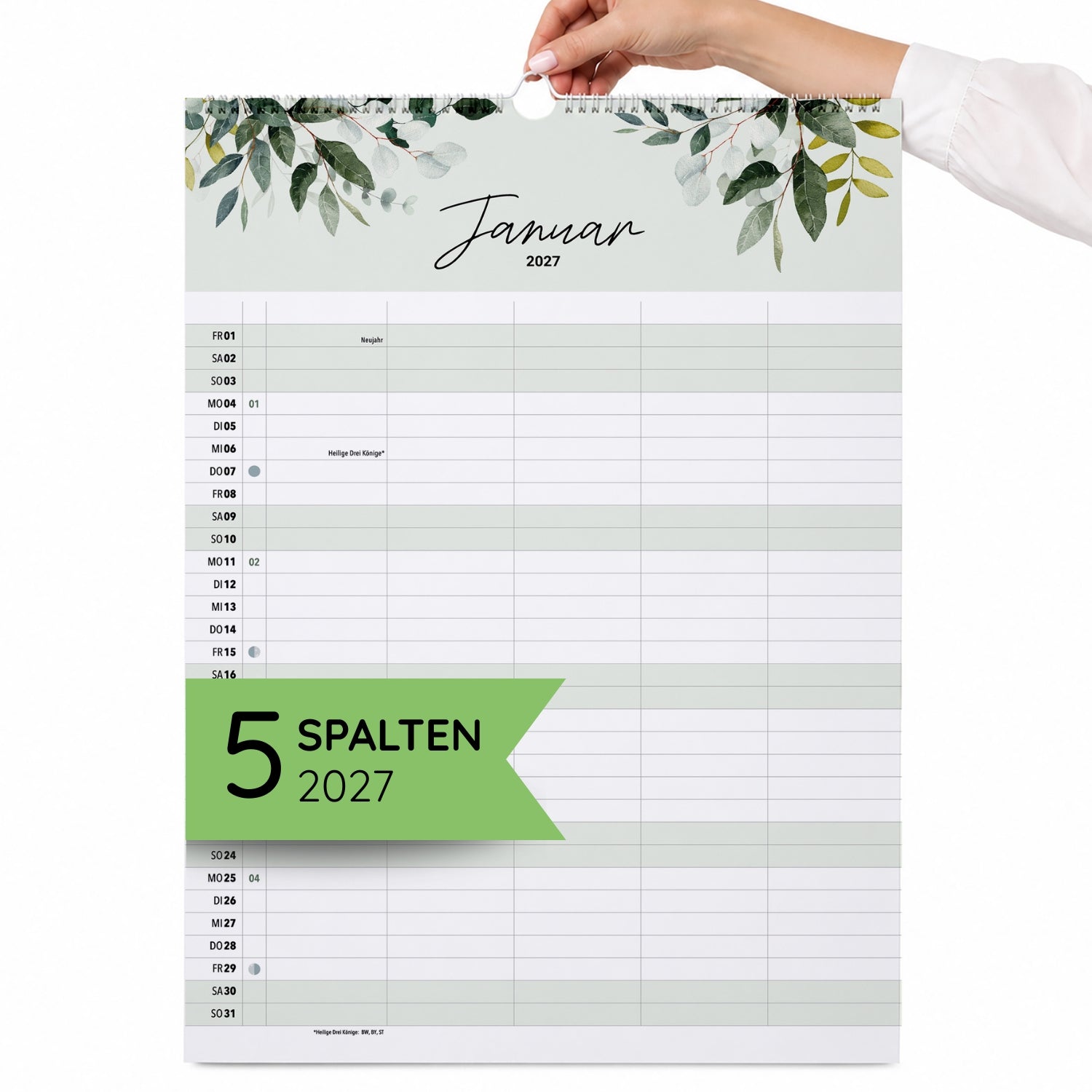 A3 Familienplaner 5 Spalten Green, 2027 botanisch