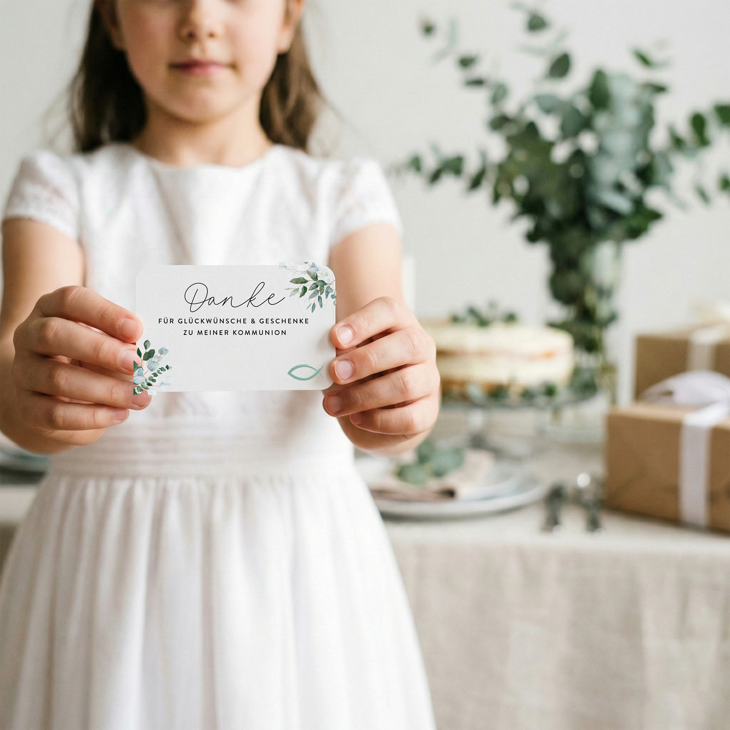 40 Mini Dankeskarten Kommunion – Eukalyptus, Erstkommunion Mädchen & Jungen, Beileger Gastgeschenk