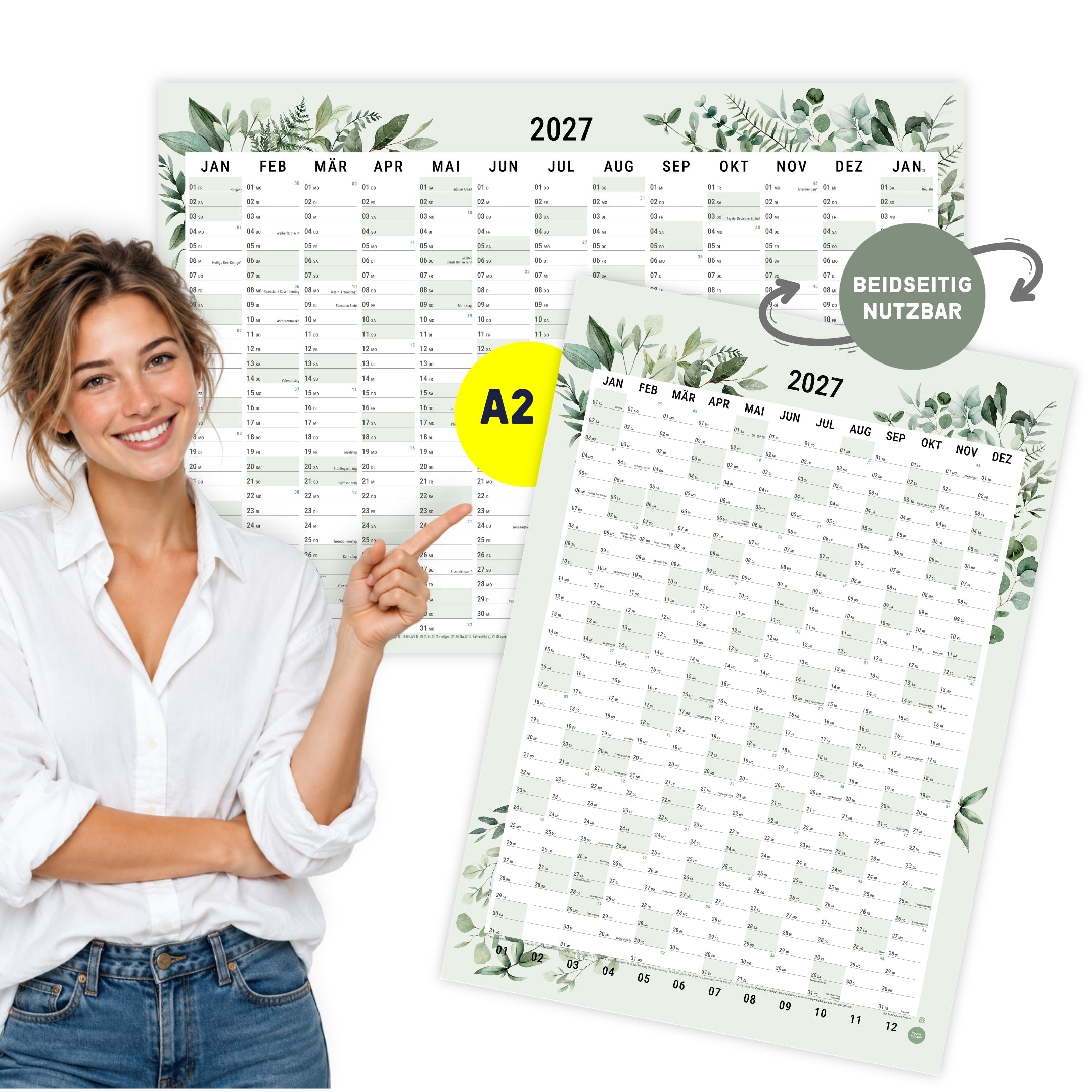 A2 Wandplaner 2027 Green gefaltet Querformat/Hochformat