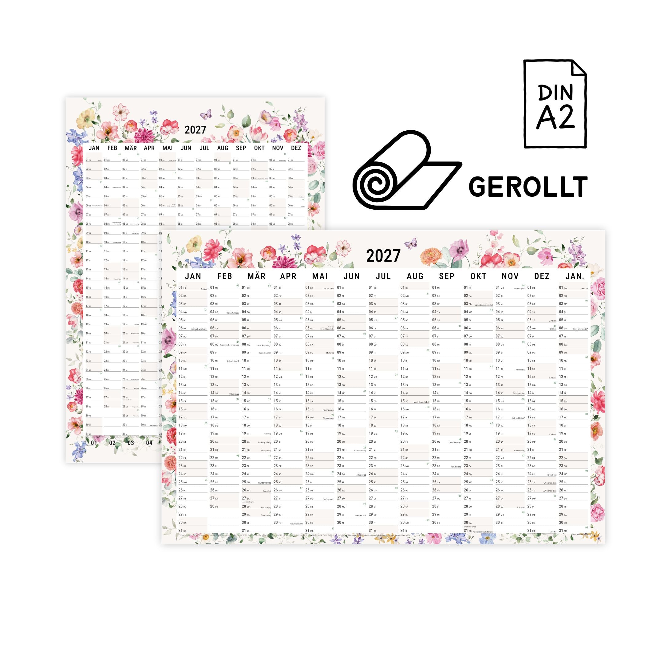 A2 Wandplaner 2027 gerollt Wildblumen Querformat/Hochformat