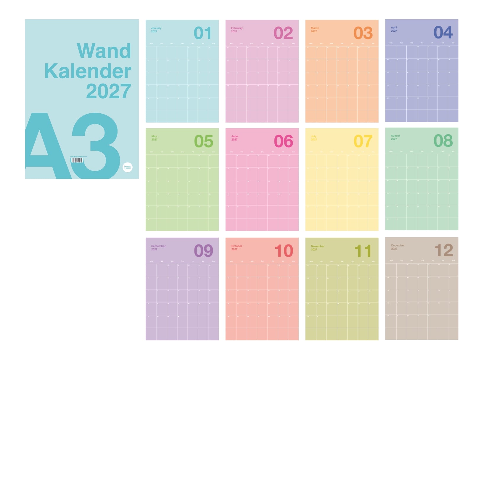Wandkalender 2027 A3 I Designkalender I Pastell
