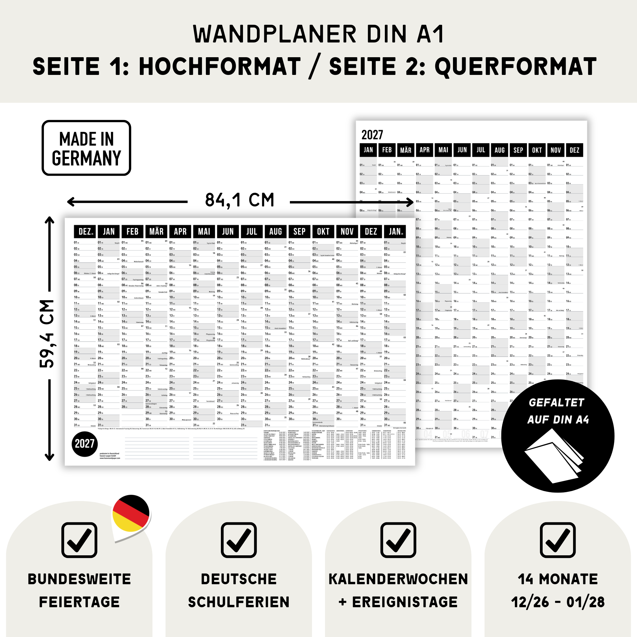 A1 Wandplaner 2027 Black – Maße 84,1 x 59,4 cm und Produktmerkmale