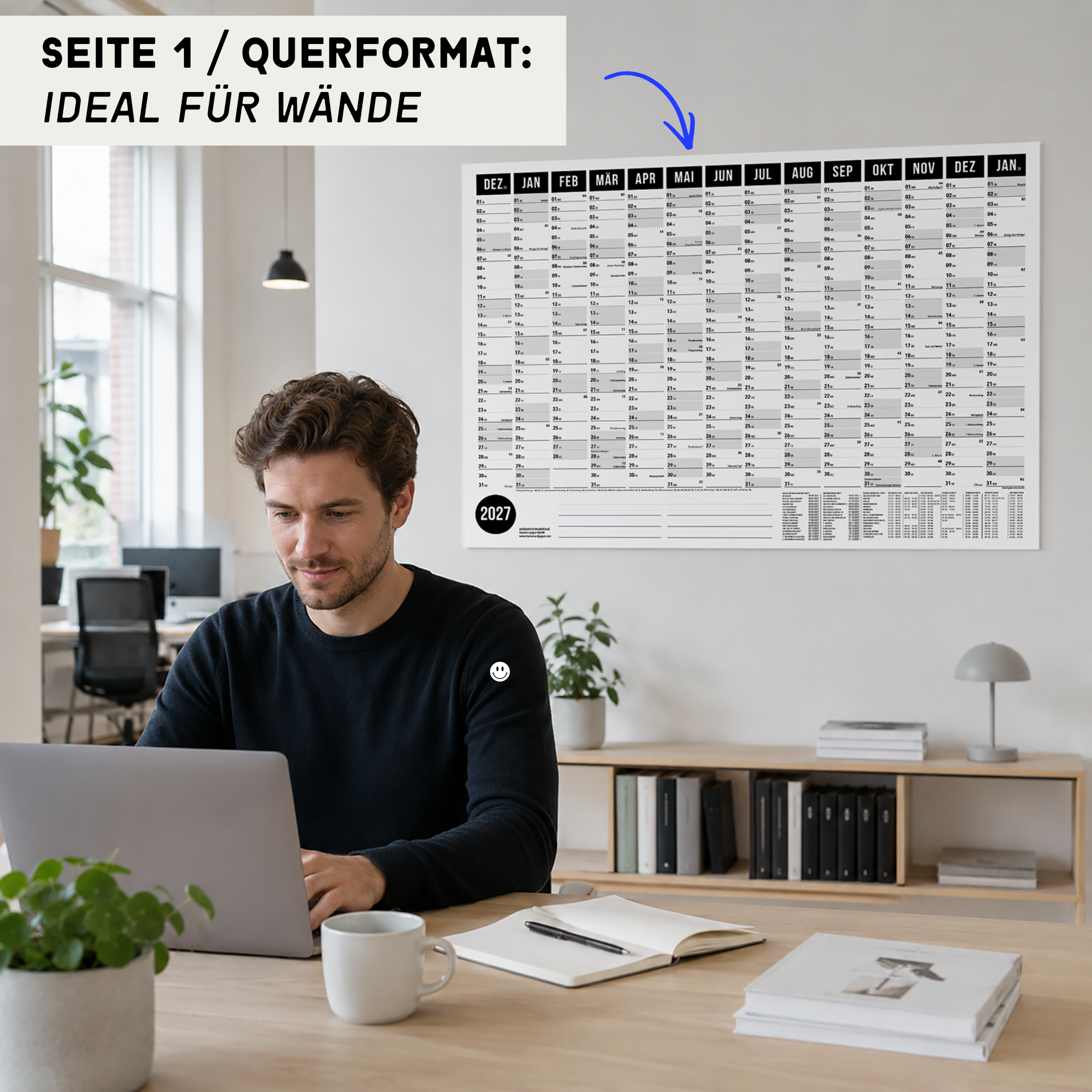 A1 Wandplaner 2027 Black im Querformat an der Wand im Homeoffice