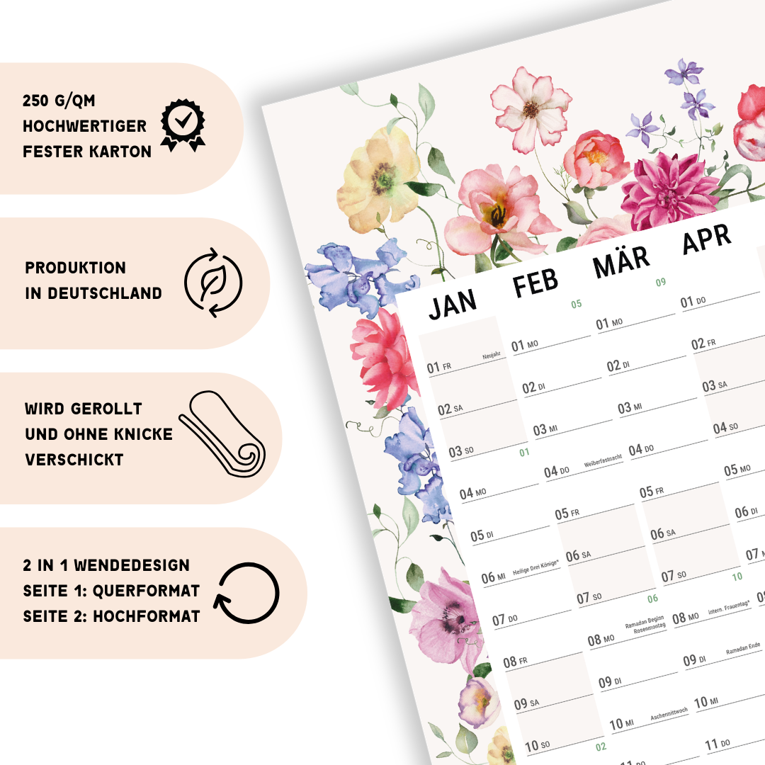 A2 Wandplaner 2027 gerollt Wildblumen Querformat/Hochformat