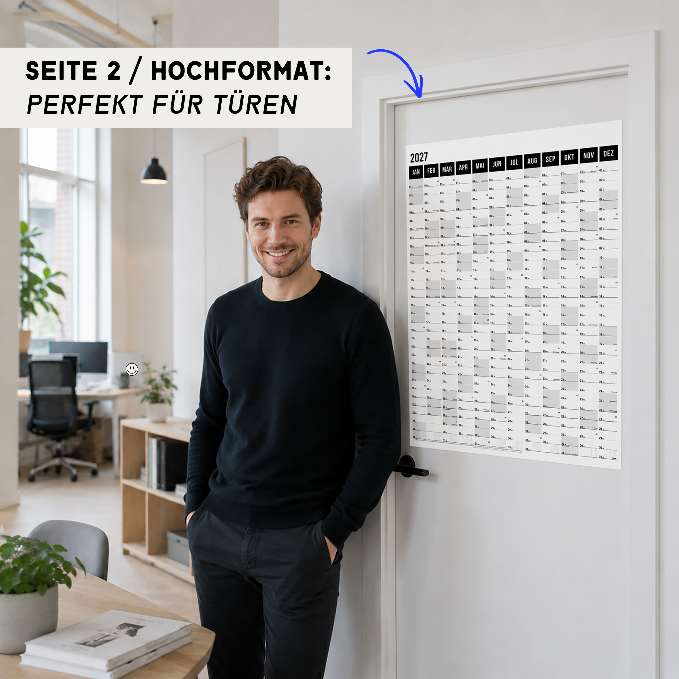 A1 Wandplaner 2027 Black im Hochformat an der Tür