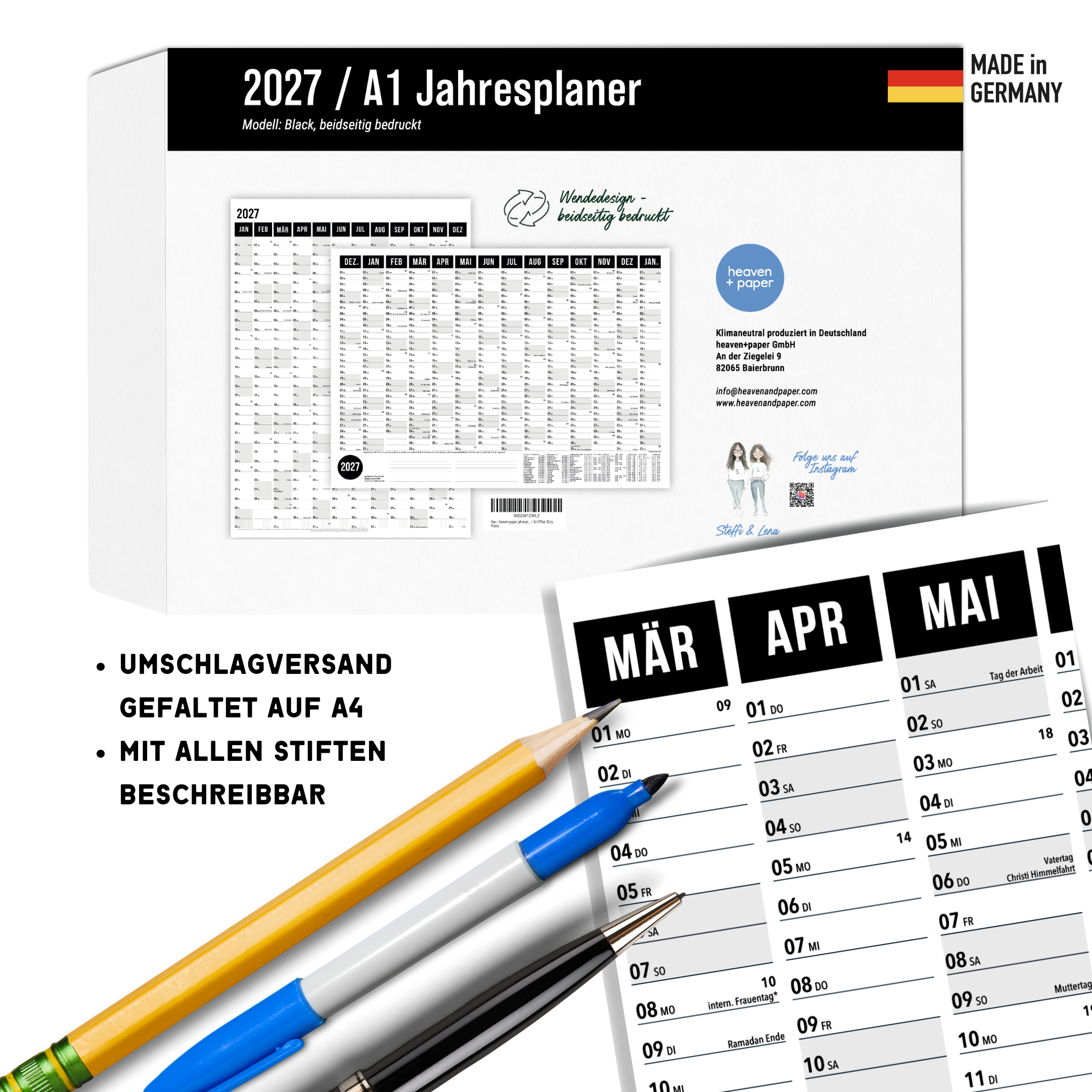 A1 Jahresplaner 2027 Black – Verpackung mit Produktinfos