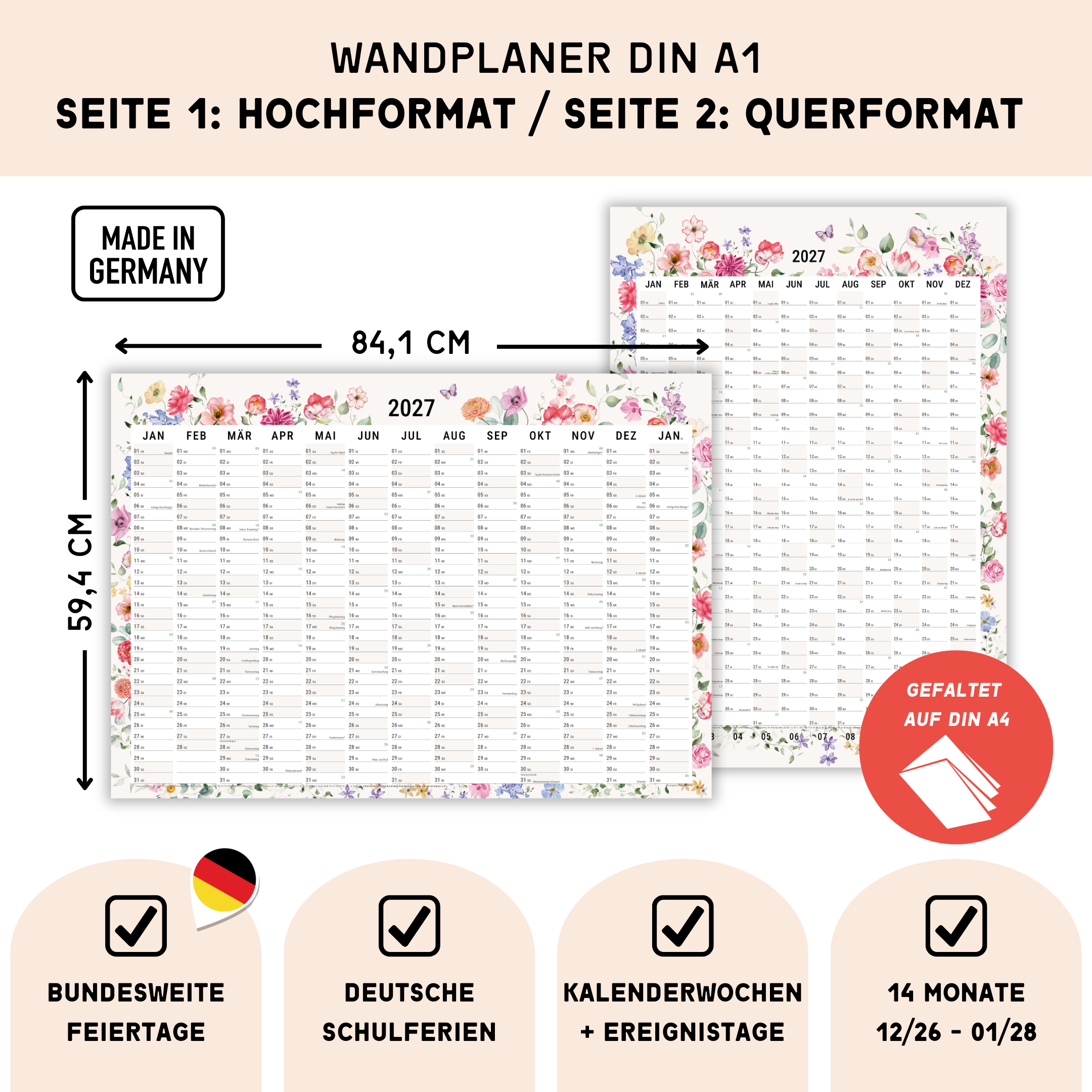 A1 Wandplaner 2027 Wildflower – Maße und Produktmerkmale