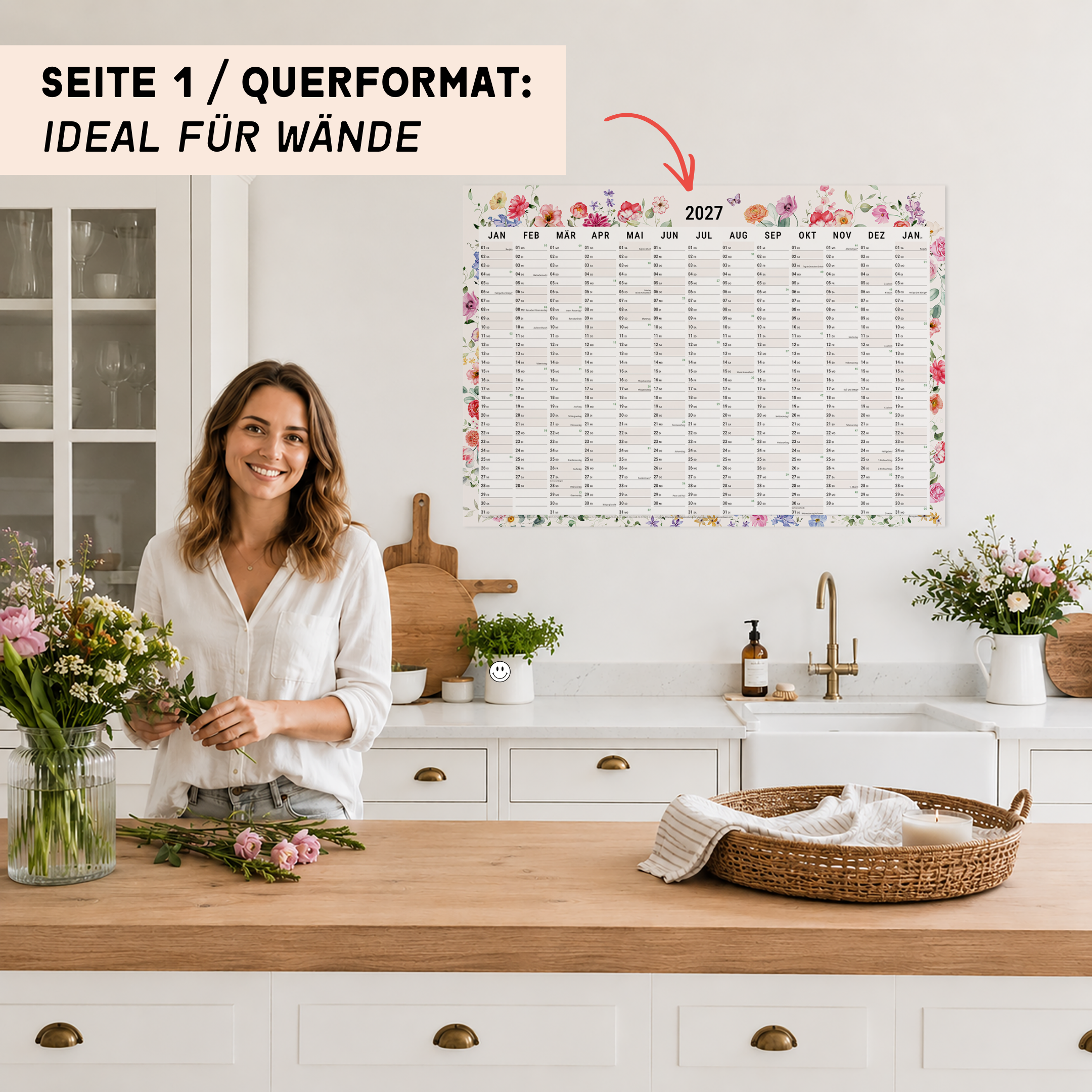 A1 Wandplaner 2027 Wildflower in der Küche mit Blumenstrauß