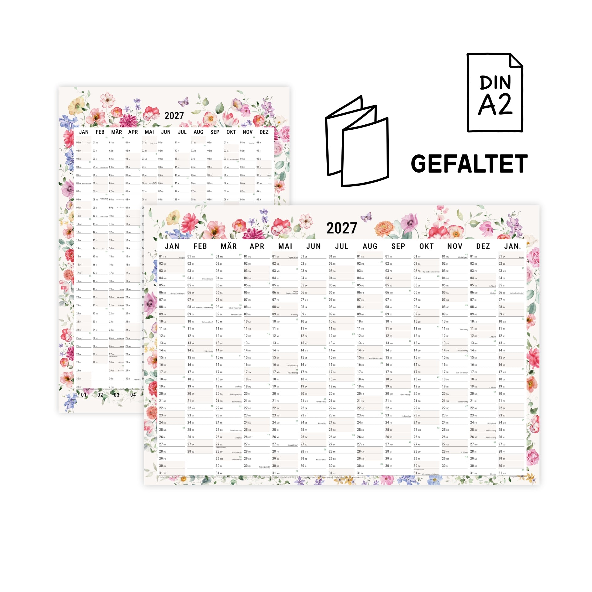 A2 Wandplaner 2027 Wildblumen gefaltet Querformat/Hochformat