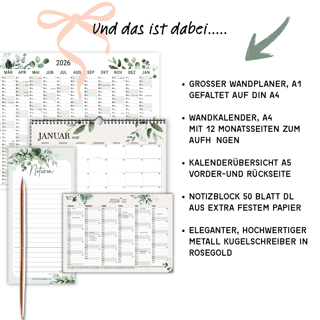 heaven+paper® Kalender Set 2026 Greenery XL 5-teilig