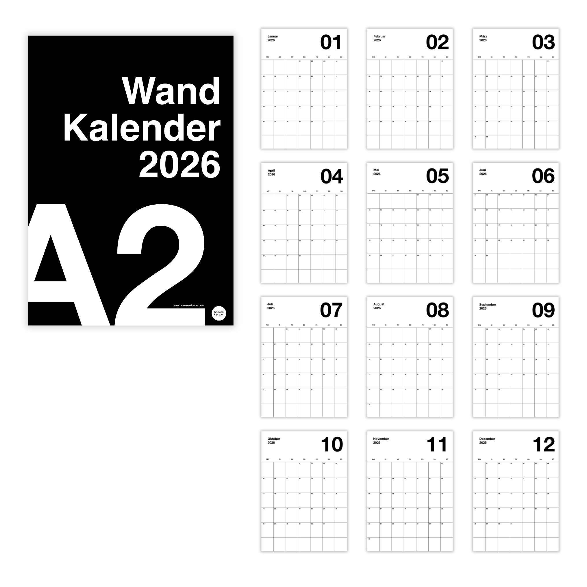 A2 Minimalistischer Design Wandkalender 2026 Black