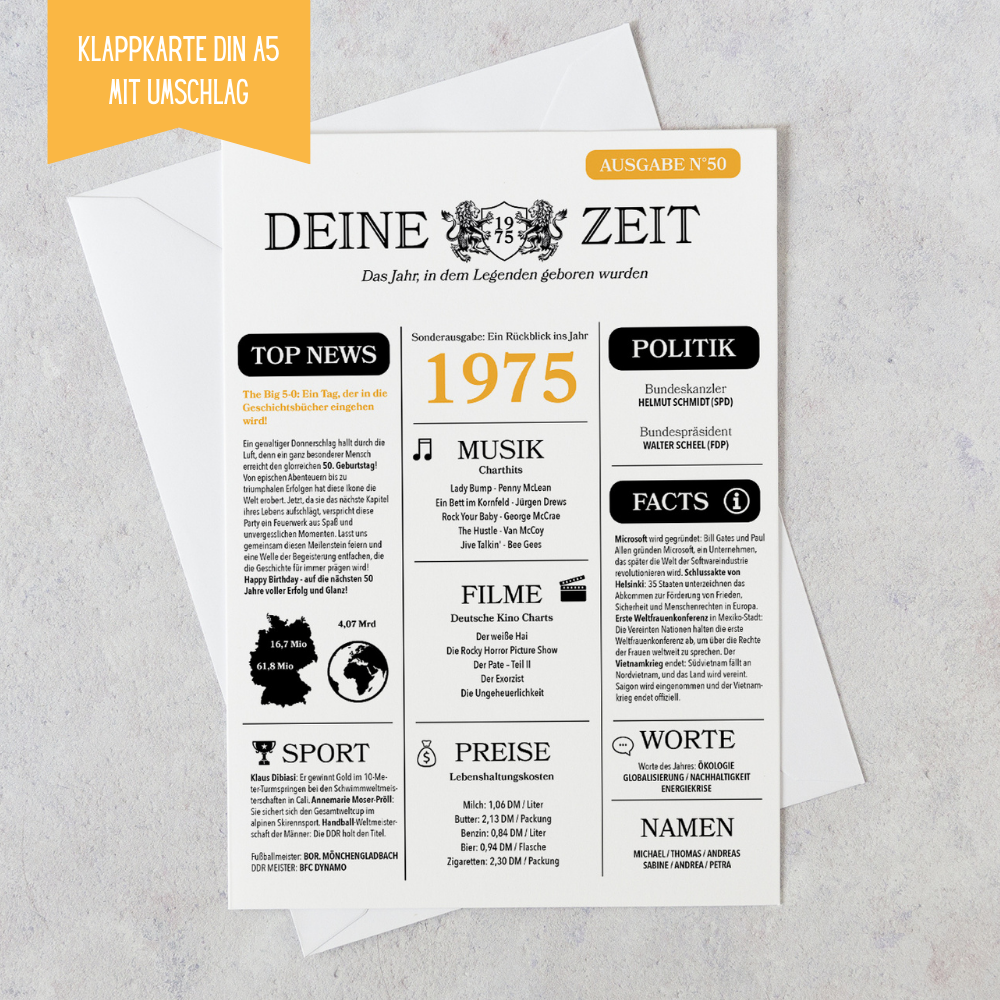 50. Geburtstag Grusskarte A5 Zeitungsdesign