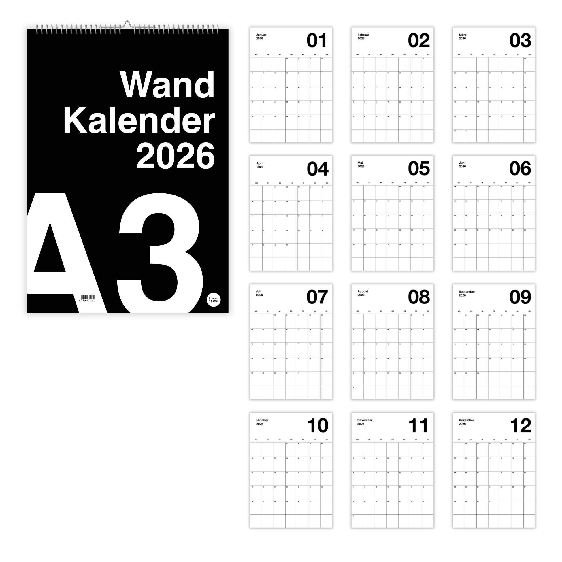 A3 Minimalistischer Design Wandkalender 2026 Black