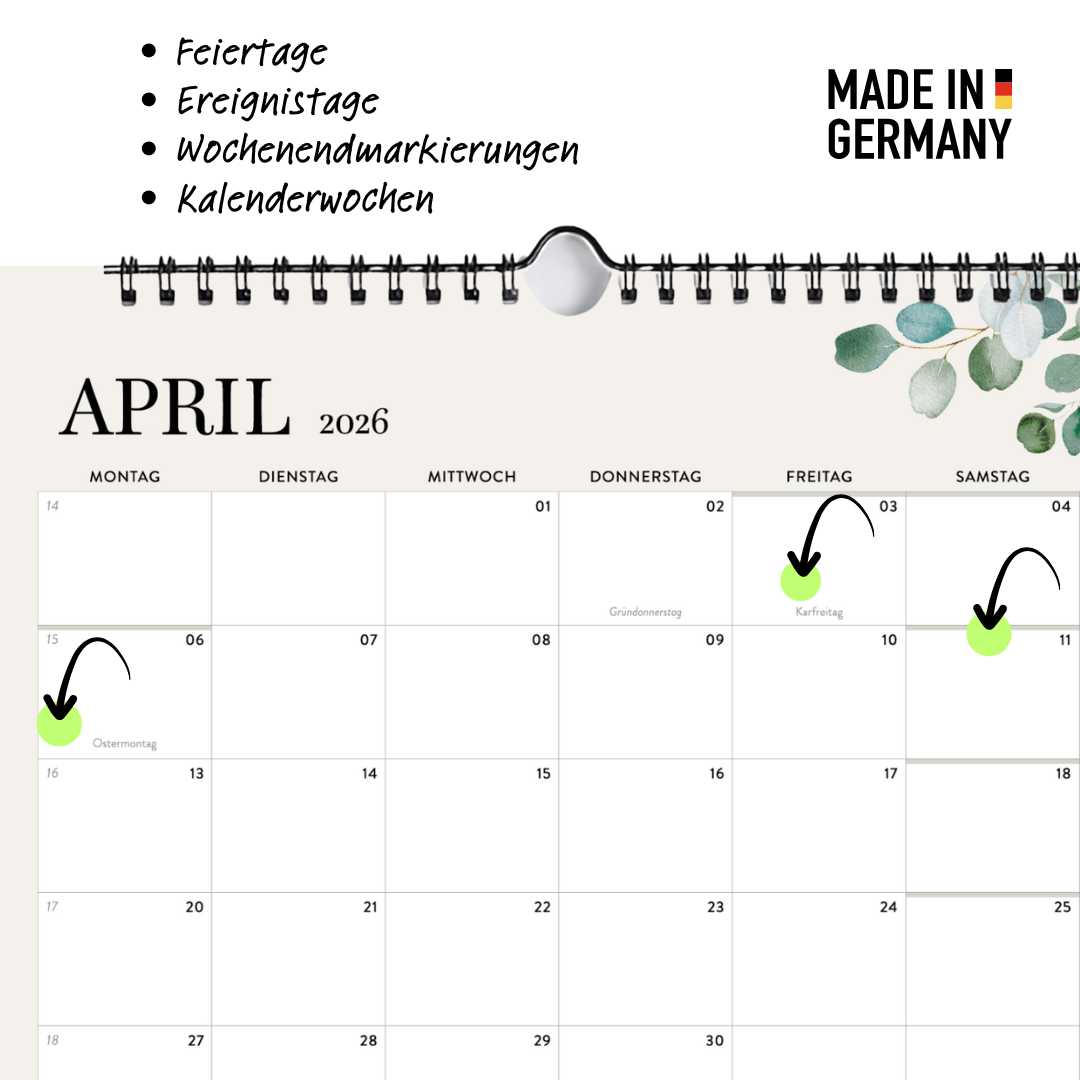 A4 Wandkalender 2026  Felder Querformat