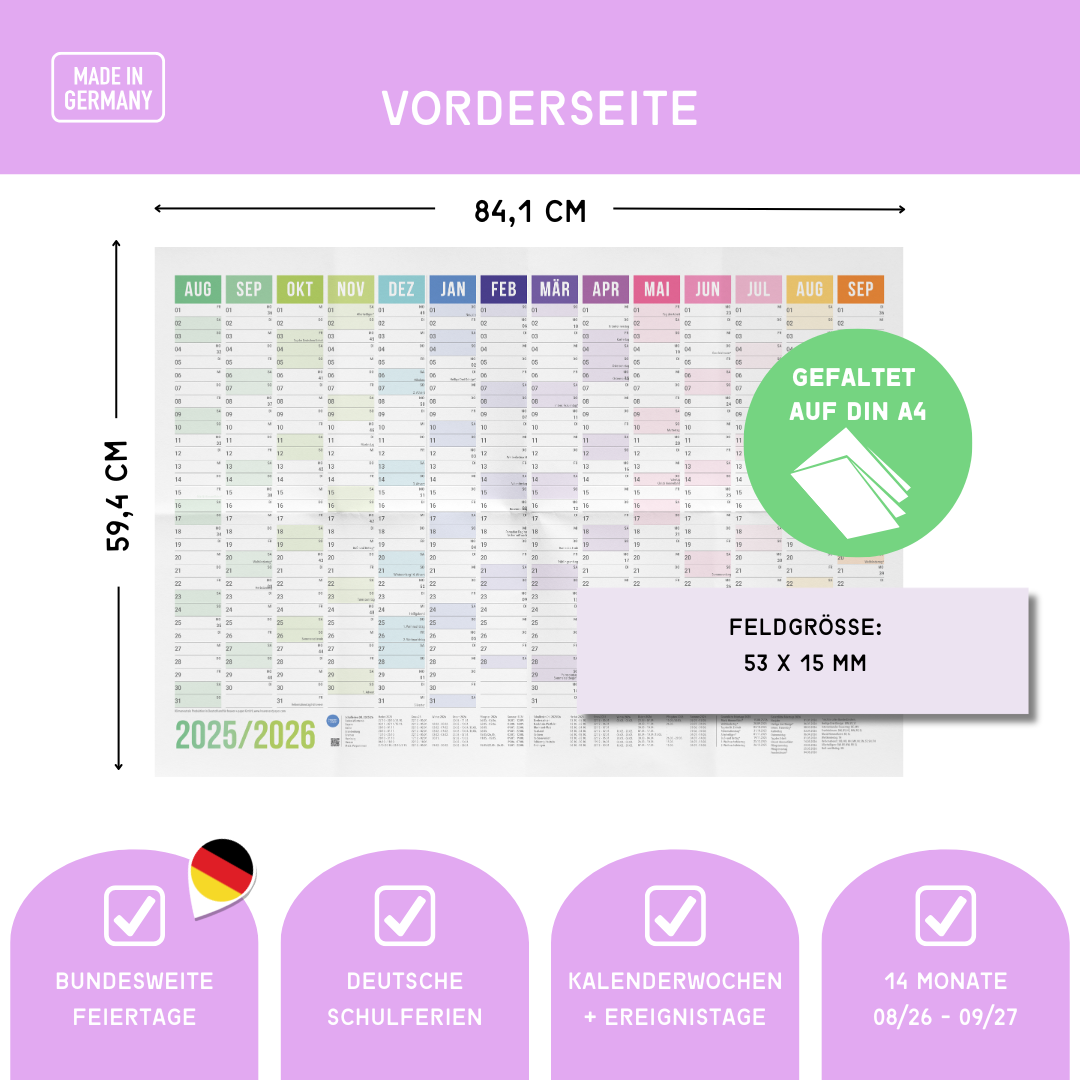 Schuljahresplaner 2026/2027 A1 Regenbogen – Wandkalender mit Ferien