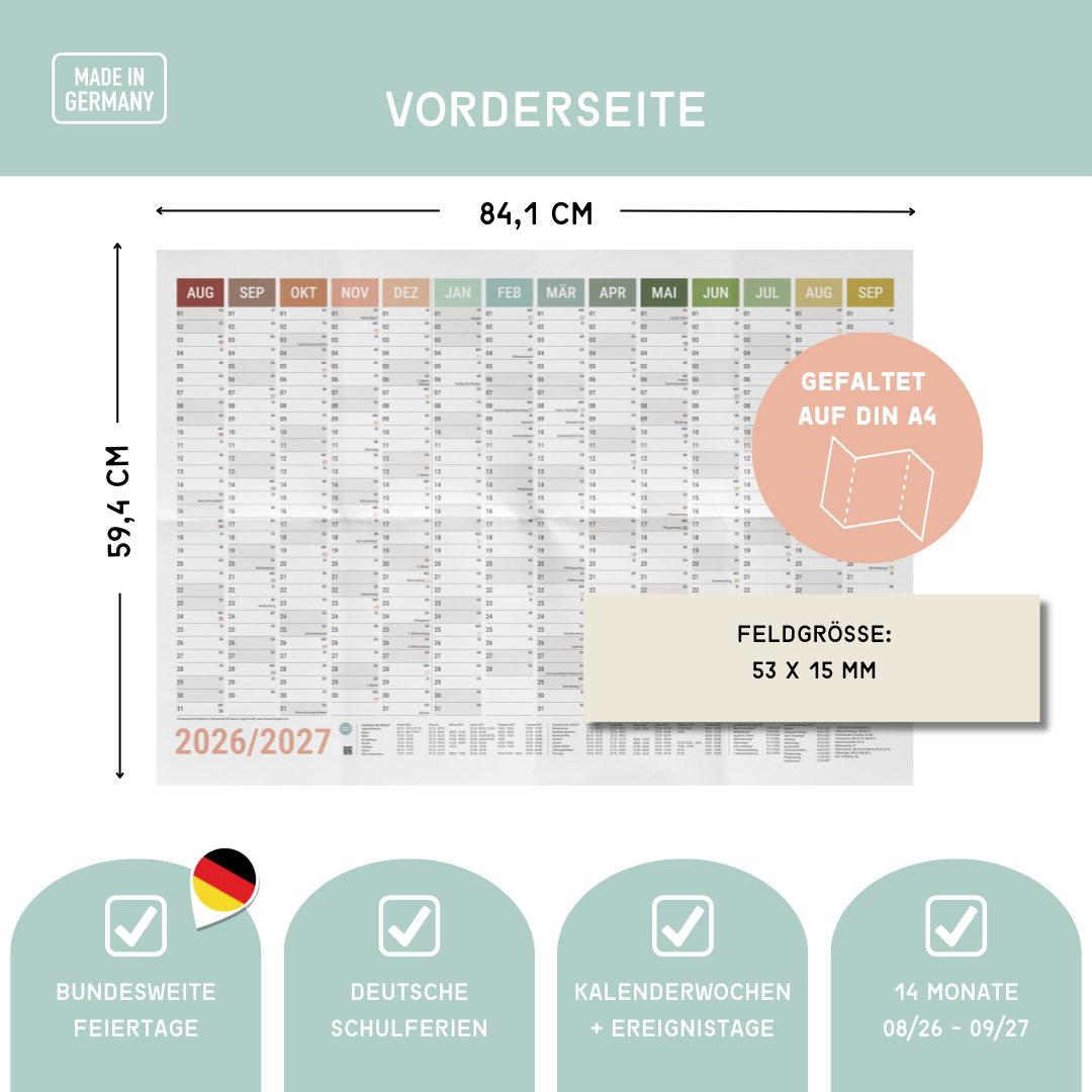 Schuljahresplaner 2026/2027 A1 Natural – Nachhaltiger Wandkalender
