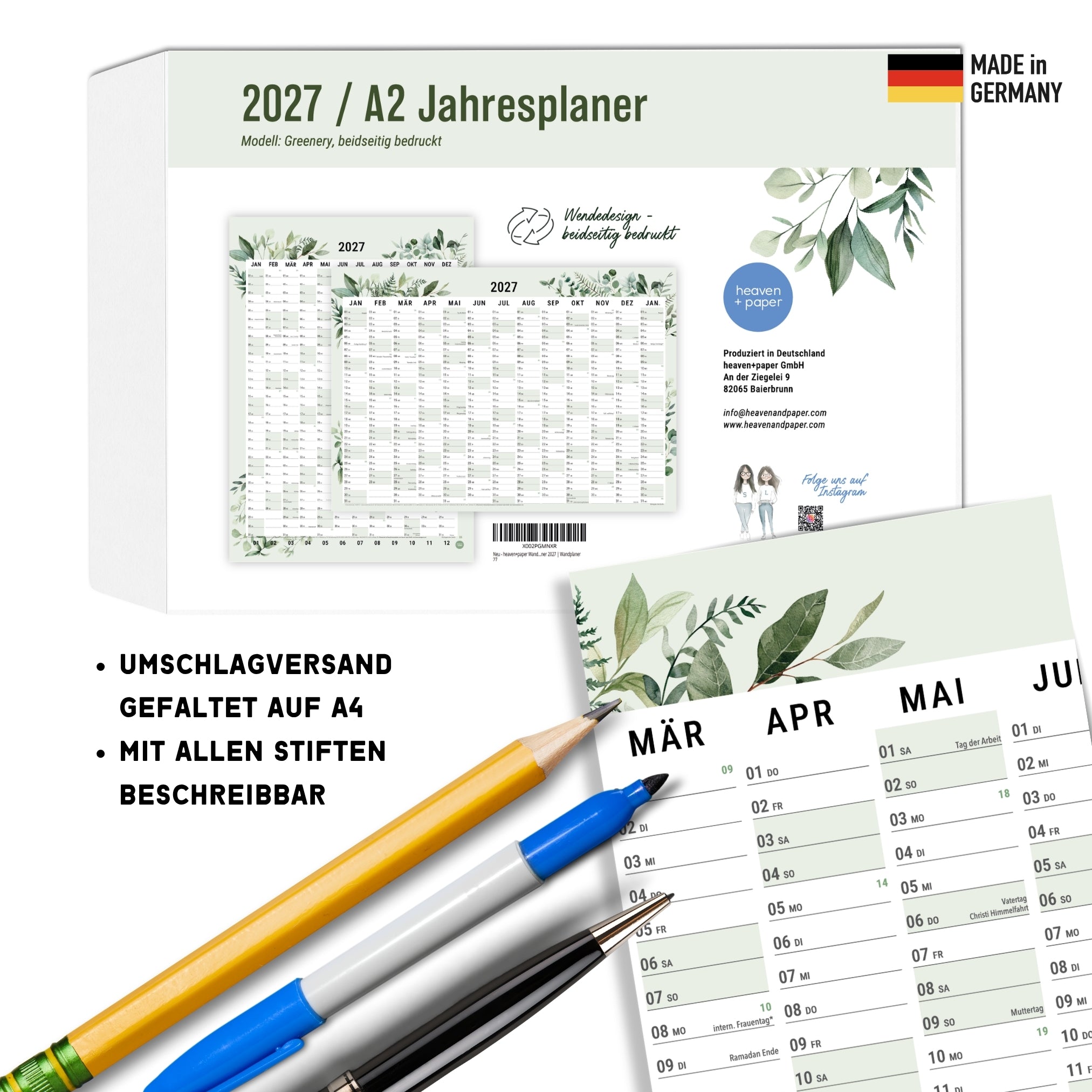 A2 Wandplaner 2027 Green gefaltet Querformat/Hochformat
