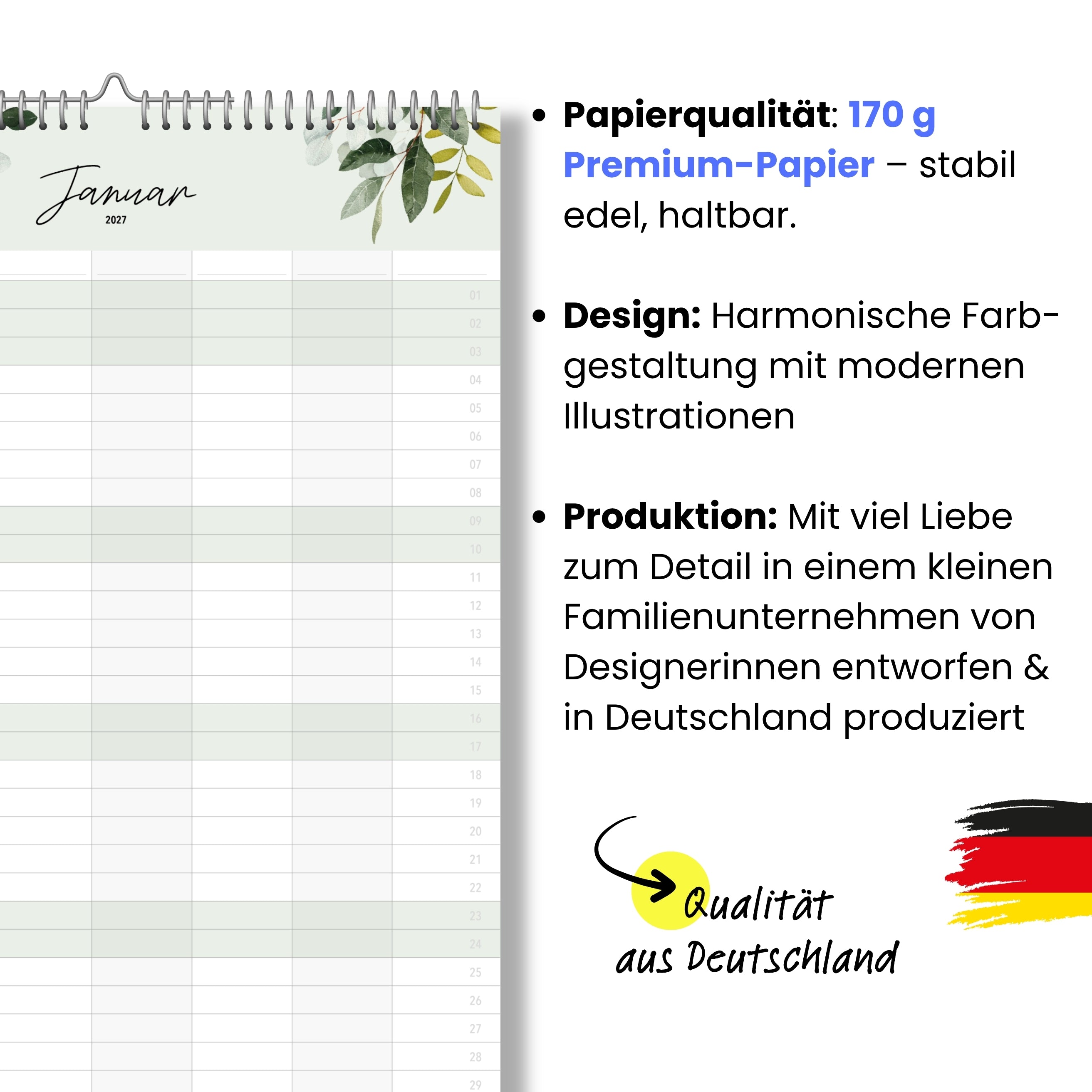 Familienkalender 7 Spalten XXL Green 2027 Botanisch