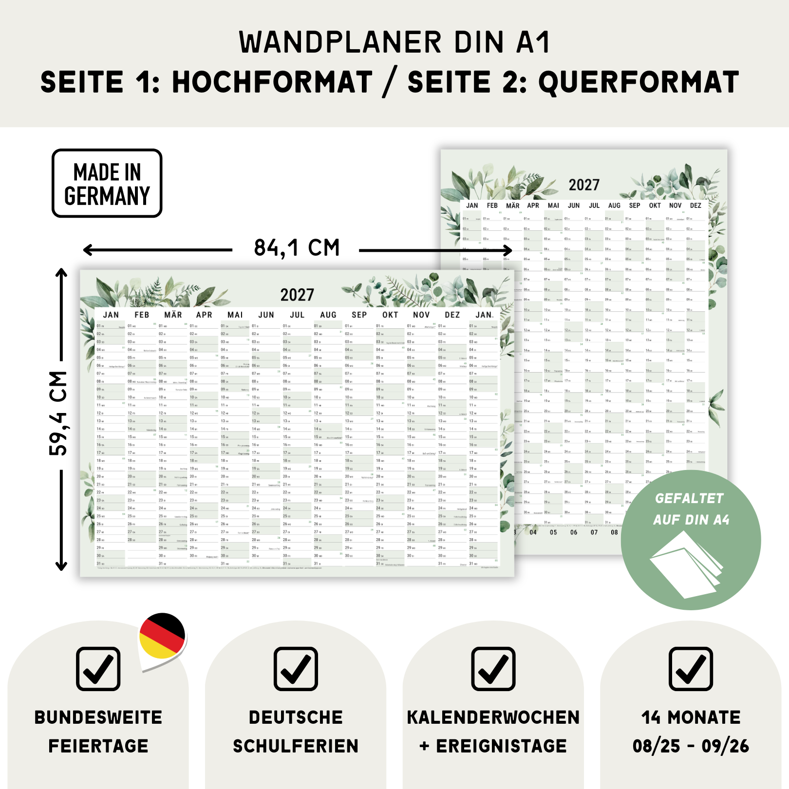 A1 Wandplaner 2027 Green – Kalenderübersicht Hochformat und Querformat