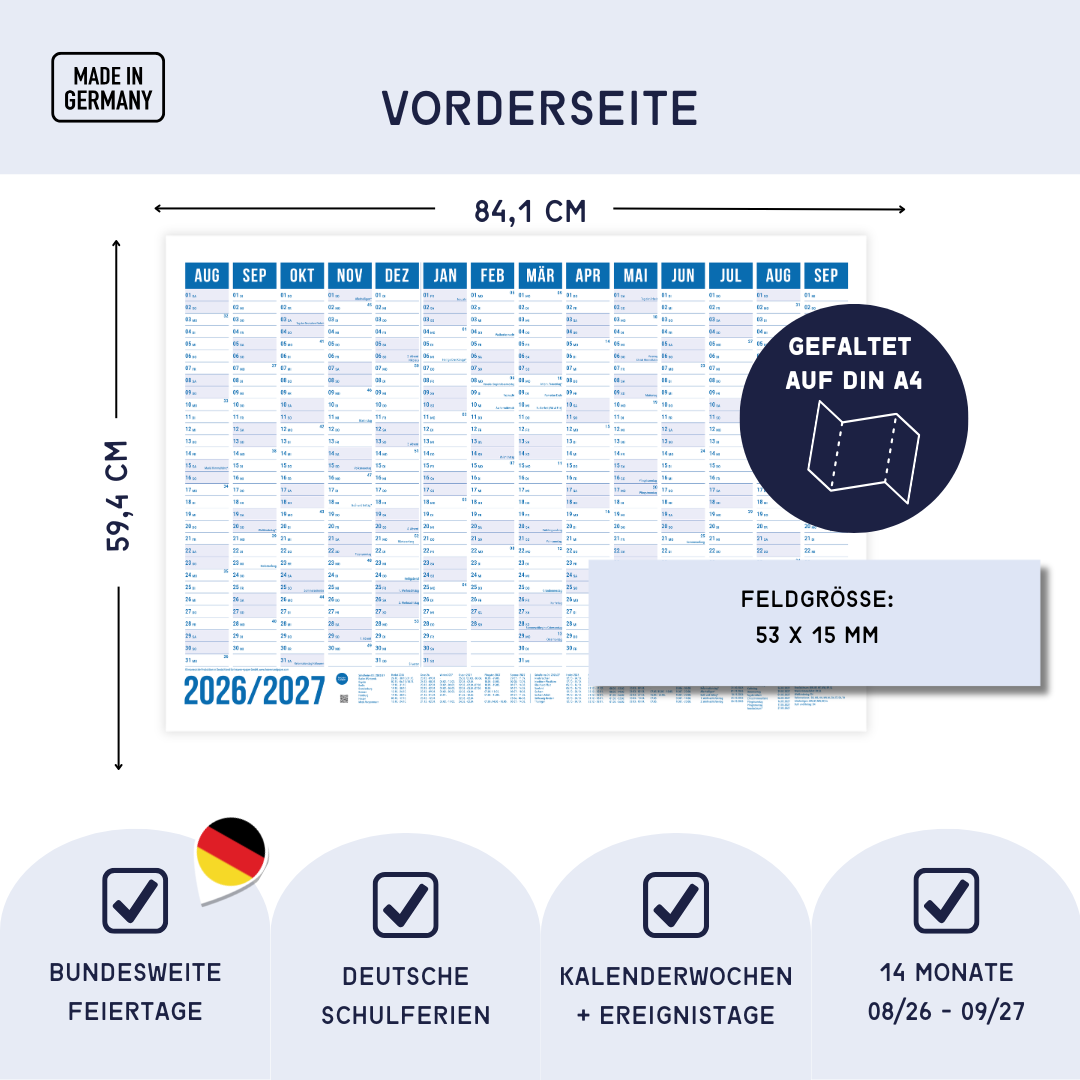 Schuljahresplaner 2026/2027 A1 Blau – Wandkalender mit Ferien