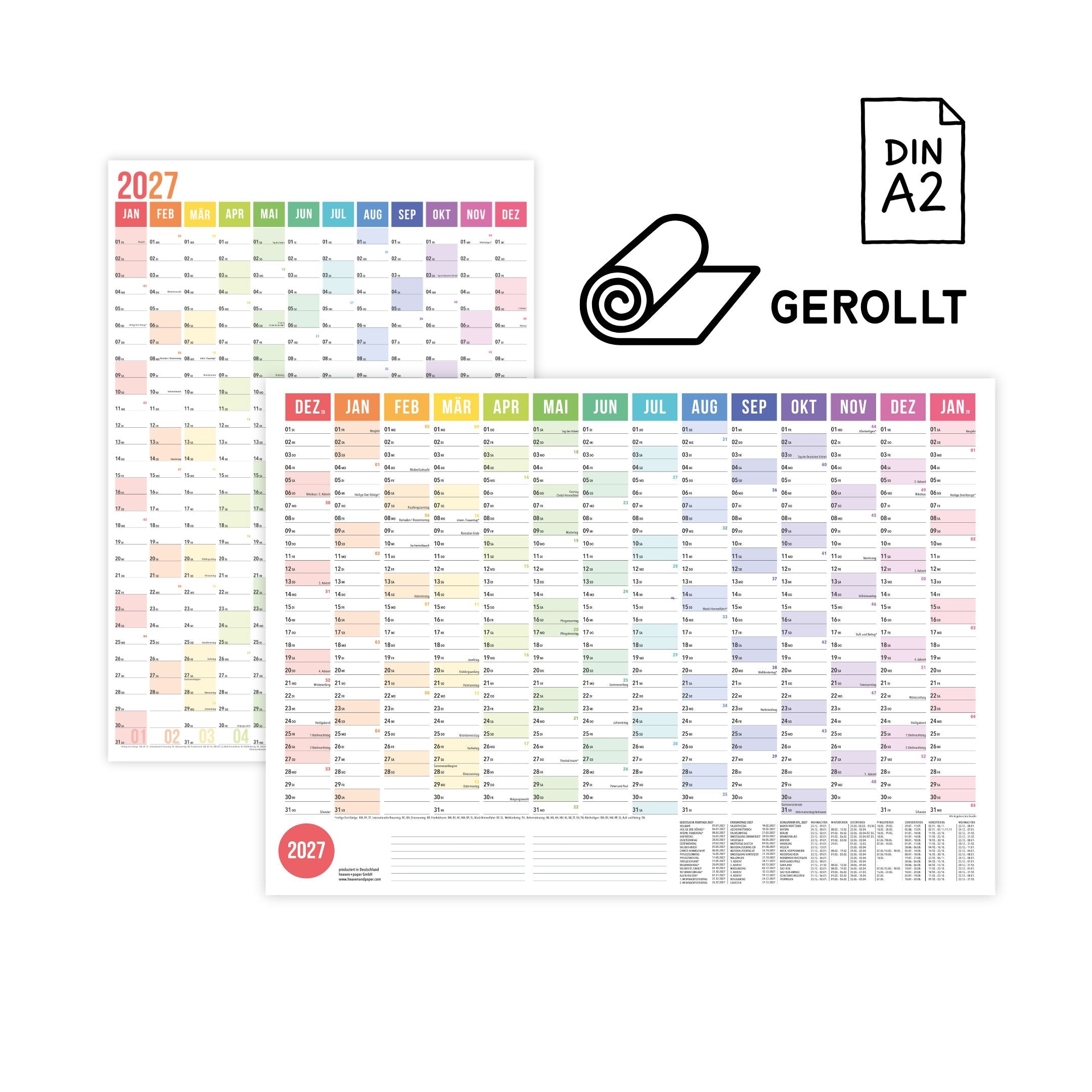 A2 Wandplaner 2027 gerollt Rainbow Querformat/Hochformat