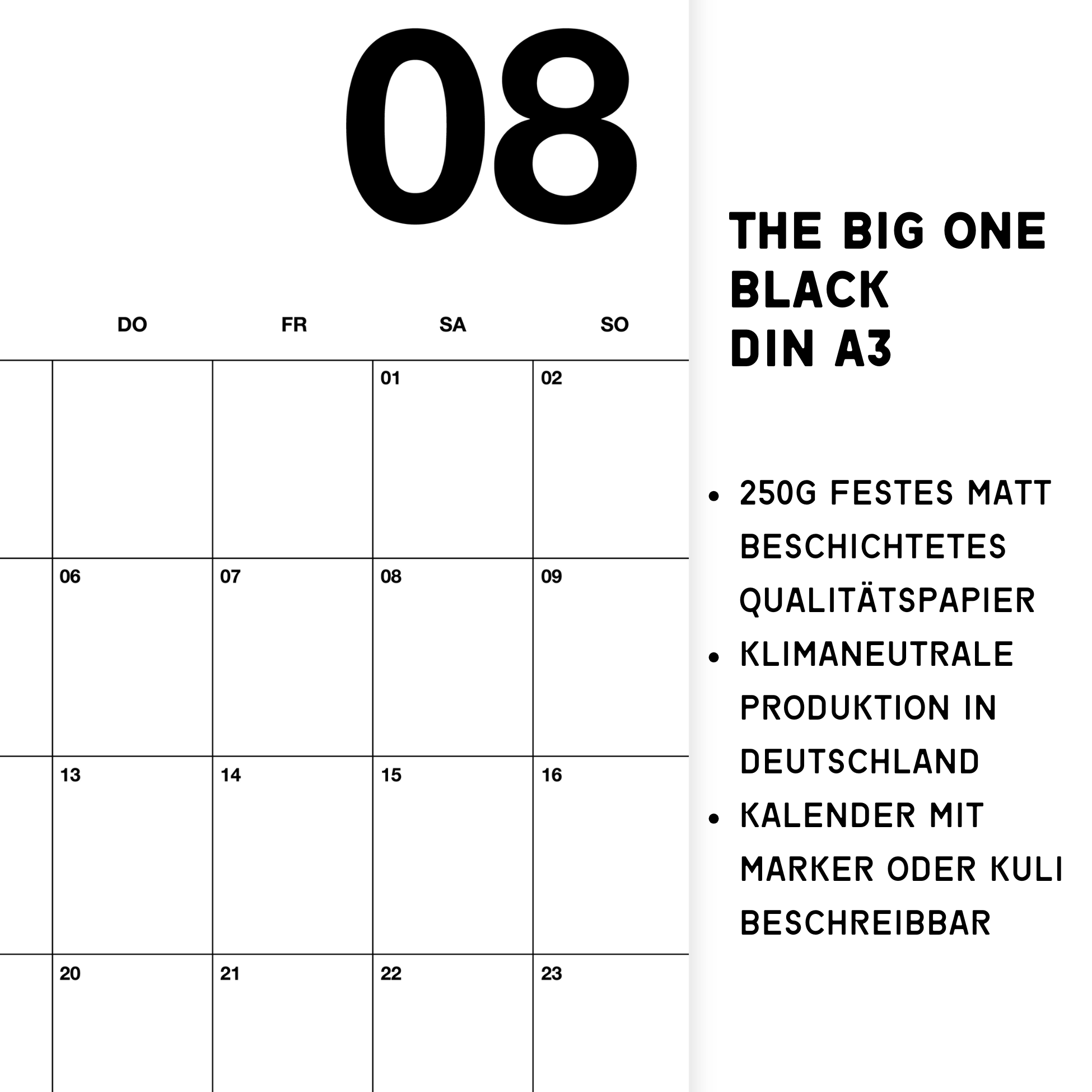A3 Minimalistischer Design Wandkalender 2026 Black