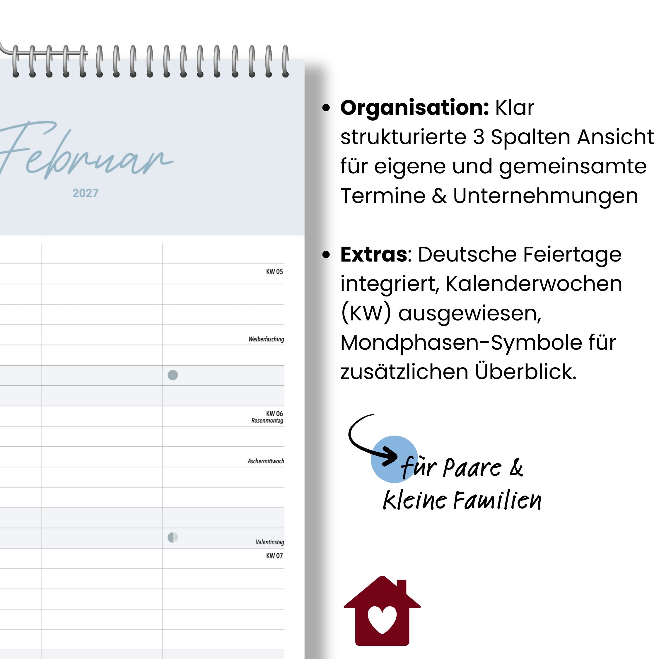 Paarplaner 3 Spalten 2027 Cozy, minimalistisch