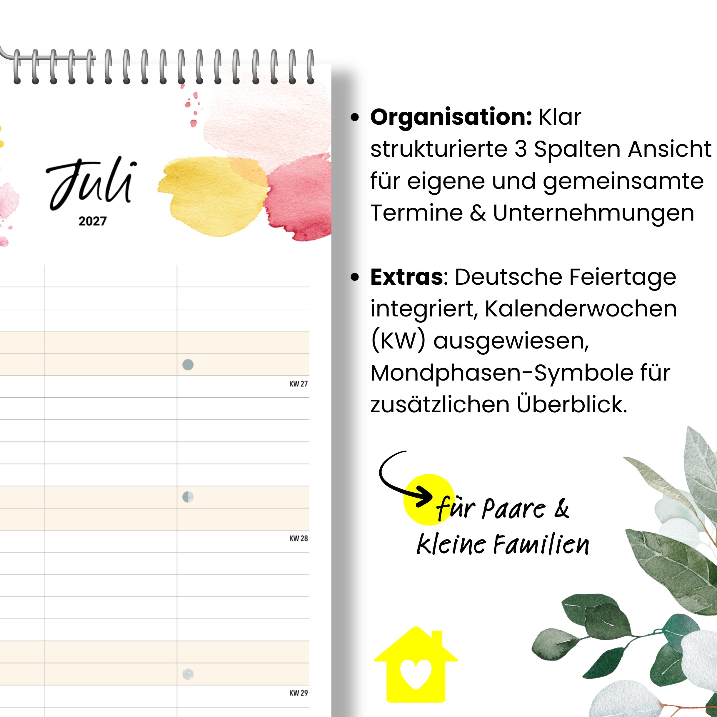 Paarplaner 3 Spalten 2027 Splash Familienkalender