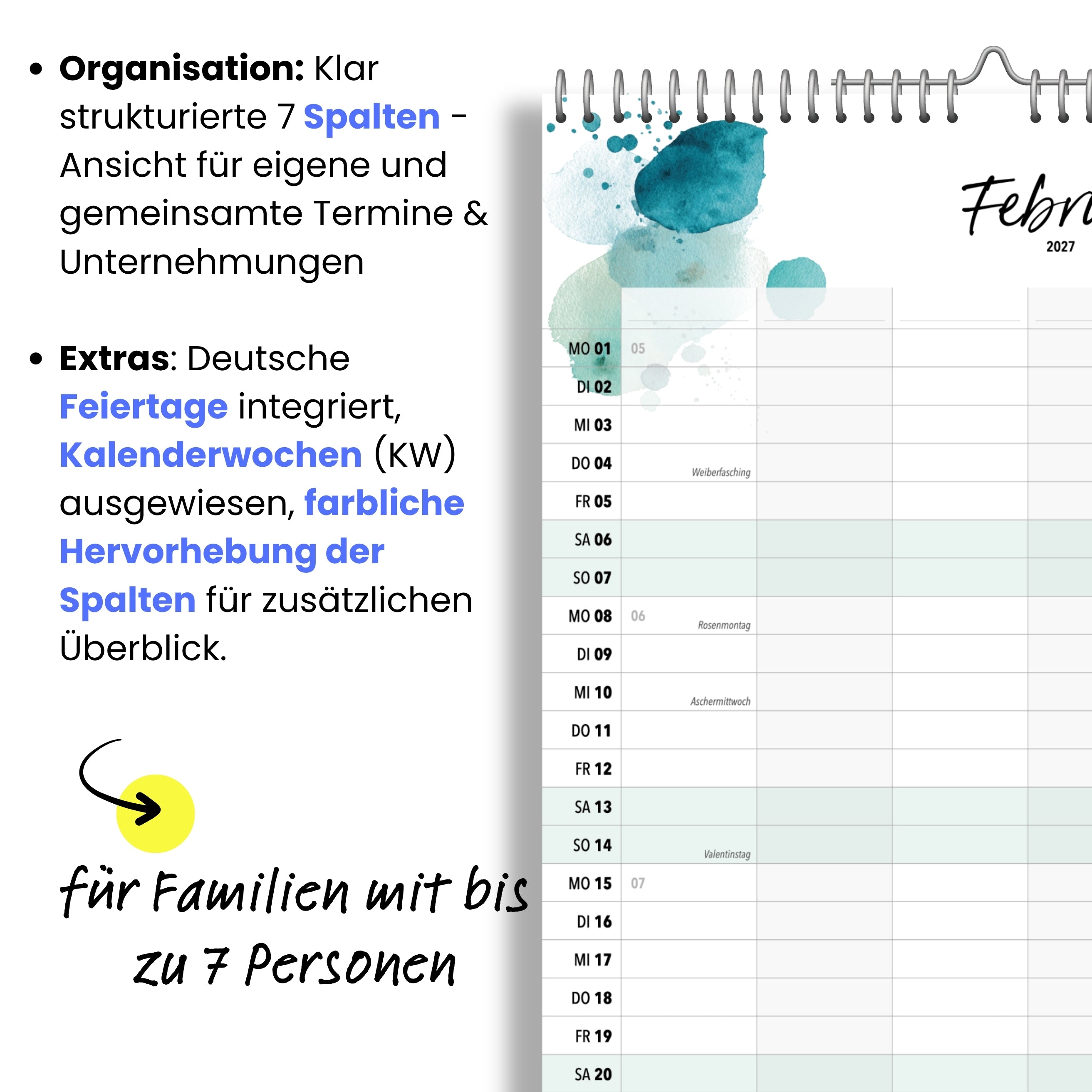 Familienkalender 7 Spalten XXL Splash 2027 Kunstkalender