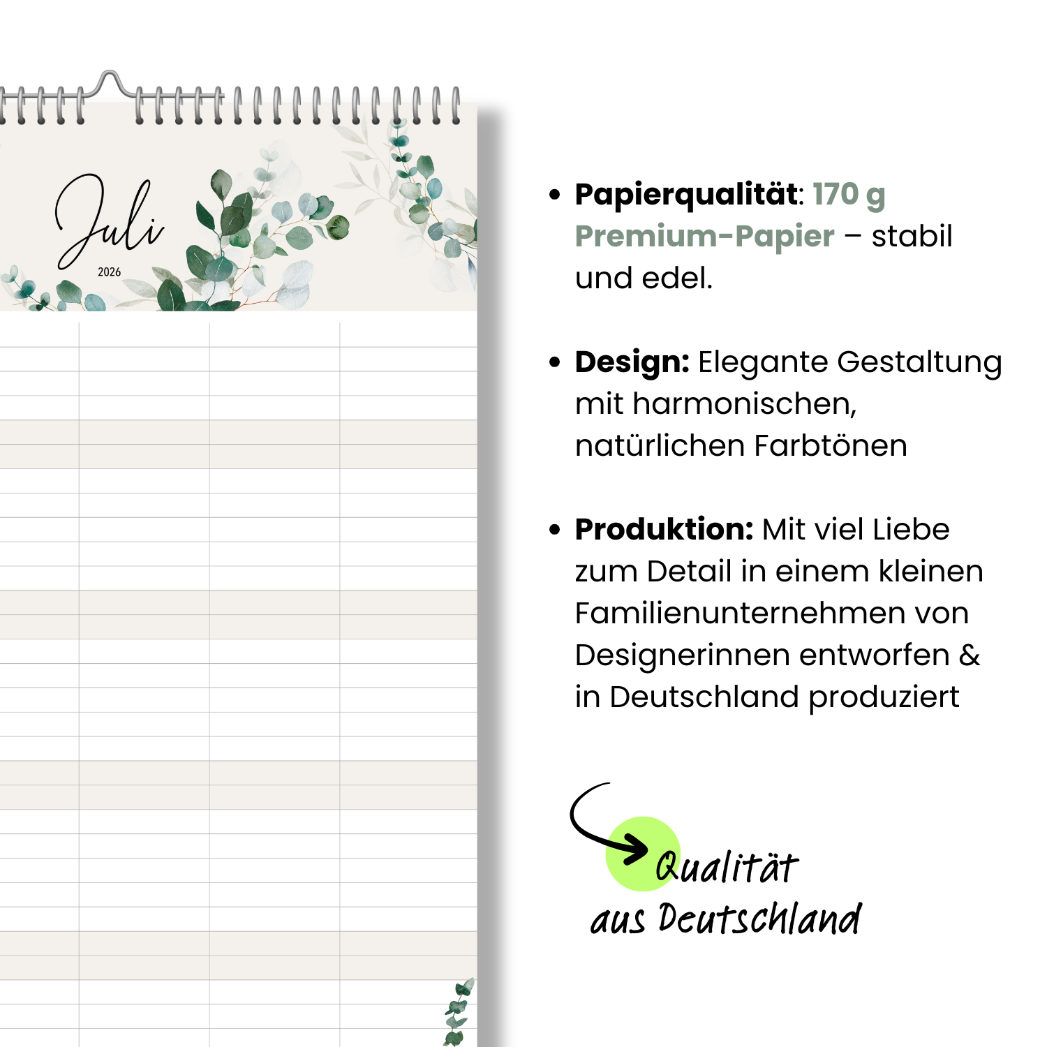A3 Familienplaner GREENERY 5 Spalten 2026 botanisch