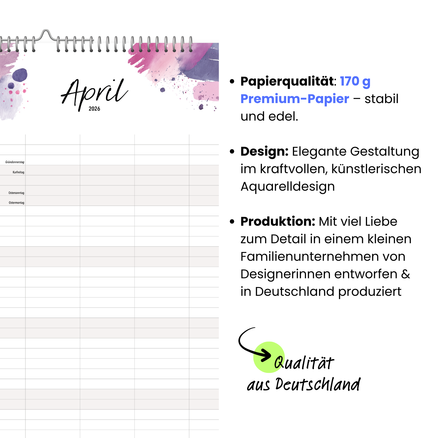 A3 Familienplaner HAPPY SPLASH 5 Spalten 2026 Kunst