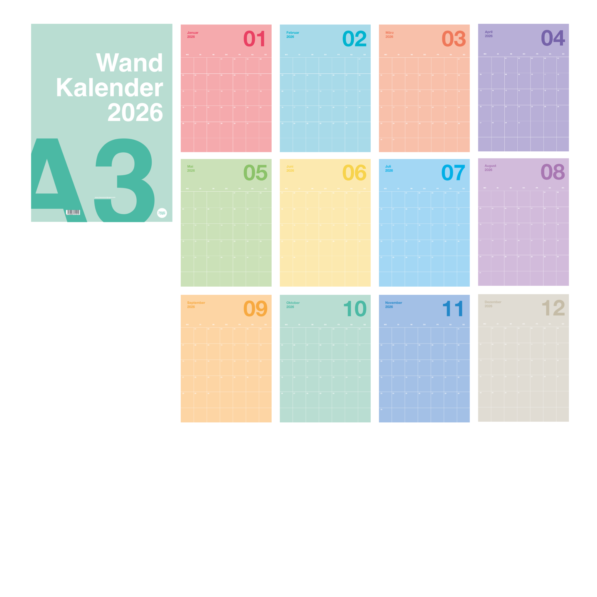 A3 Bunter Design Wandkalender 2026 Pastell
