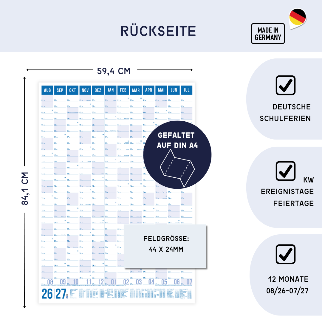 Schuljahresplaner 2026/2027 A1 Blau – Wandkalender mit Ferien
